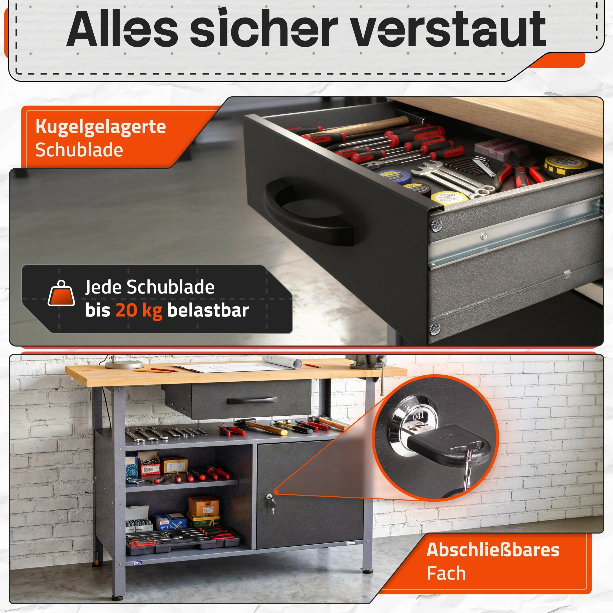 Ondis24 Montagewerkbank Werkbank Klaus 120 cm, Metall, abschließbarer Tür, höhenverstellbare Füße (Arbeitshöhe 85 cm, Schwarz Buchenplatte)