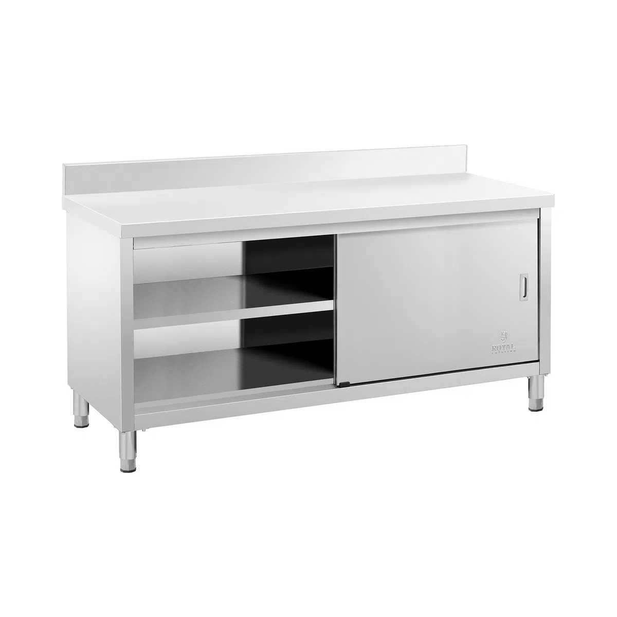 Royal Catering Arbeitstisch Edelstahltisch mit Unterschrank 180 x 60 cm mit Aufkantung bis 500 kg höhenverstellbare Füße Edelstahl-Tisch Arbeitsschrank Edelstahl Gastro-Edelstahlschrank