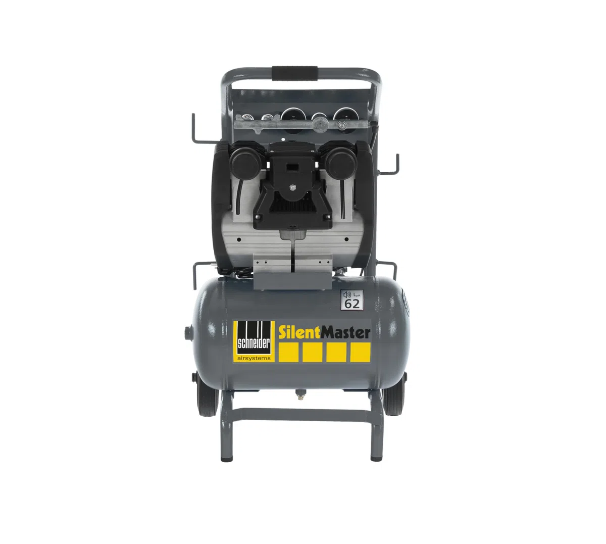 SCHNEIDER SILENTMASTER Leicht zu transportierender Luftkompressor 20 Liter Ölfrei Maximaler Druck 9 Bar Leistung: 2 PS Geräuschpegel: 62 dB LwA