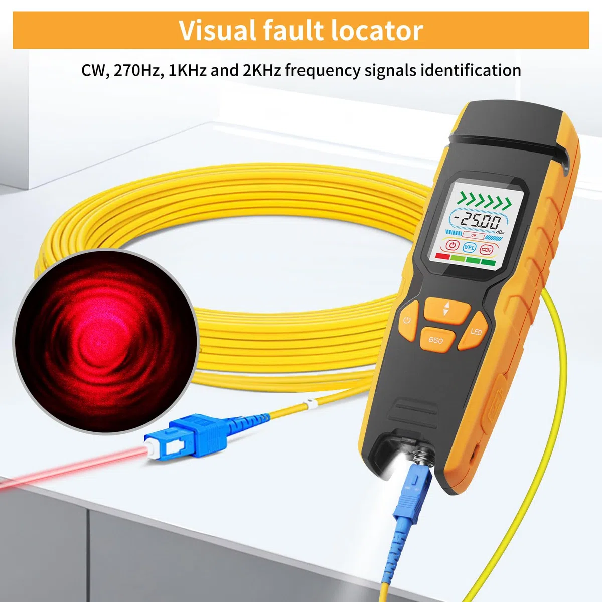 Henkion LWL Tester Handheld Glasfaser-Identifikator mit Echtzeit-Fehlerortung, 850-1700nm SM/MM Power Meter VFL Funktion LED Display, Glasfaserkabel Tester für Netzwerk & Telekommunikation