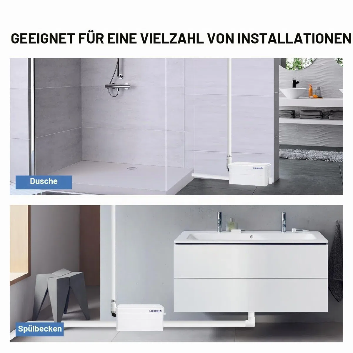 Aquamatix Duscha Duschpumpe 250W Hebeanlage Kompakte Abwasserpumpe, Haushaltspumpe 10m Vertikale Pumpentfernung 135L/min für Duschen, Waschbecken 2 Zuläufe