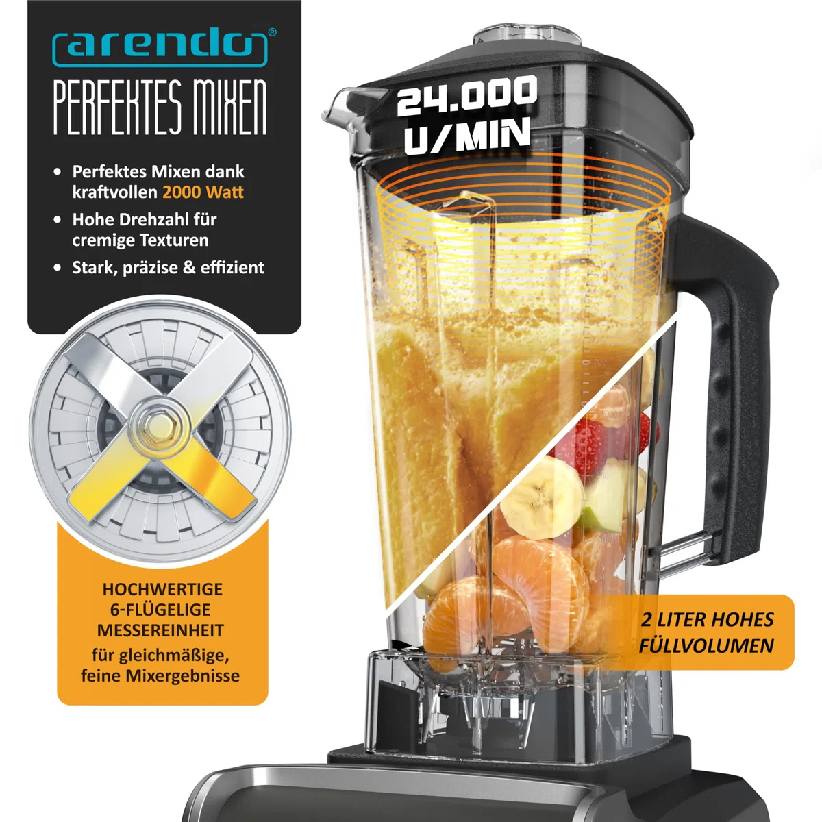 Arendo – Hochleistungsmixer 2000 Watt - Standmixer Edelstahl - 2 Liter Fassungsvermögen – mit Display - 9 Geschwindigkeitsstufen – hochwertige Edelstahl-Messereinheit – 3 voreingestellte Programme