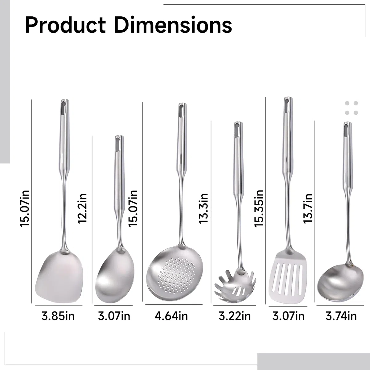 Küchenutensilien Set 6-teilig aus Edelstahl 304, Kochutensilien aus Metall mit Pfannenwender, Löffel, Kelle, Pastaserver, spülmaschinengeeignet, komplett aus Metall