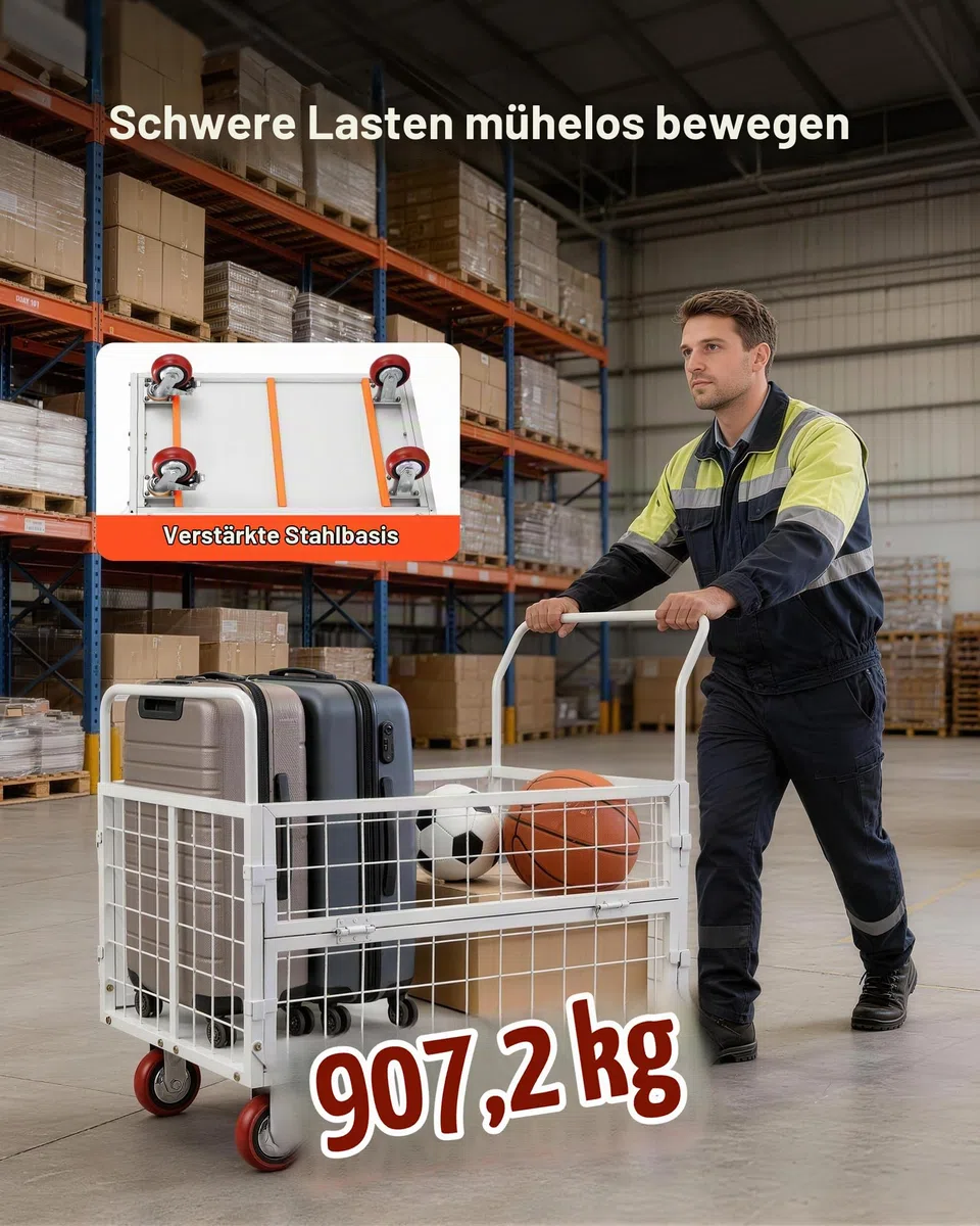 VEVOR Plattformwagen mit Gitterwänden 907 kg, 6-in-1 Faltbarer Transportwagen mit Schwenkrädern, Schwerlast-Handwagen, Multifunktionaler Materialwagen, für Lebensmittel, Wäsche, 1130x675x1070 mm