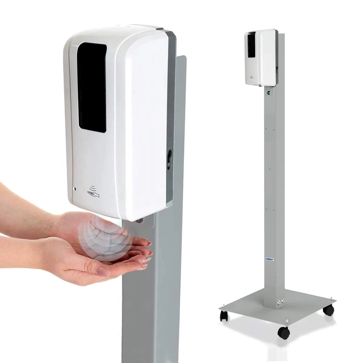 KRIEG Desinfektionsmittelständer mit Sensor I Silber I Kontaktlos Hygienestation 1000 ml - 333 Sprühstöße I Desinfektionsstation freistehend, höhenverstellbar, touchless I Hygienesäule Ready to go