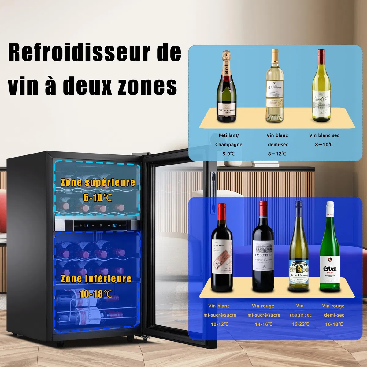 Kalamera Weinkühlschrank 2 Zonen, Touch-Bedienfeld,Schwarze Glastür, Verdeckter Griff, Flaschenkühlschrank 20 Flaschen, 68Liter, 5-18°C Kühlzone, KRC-68BFG