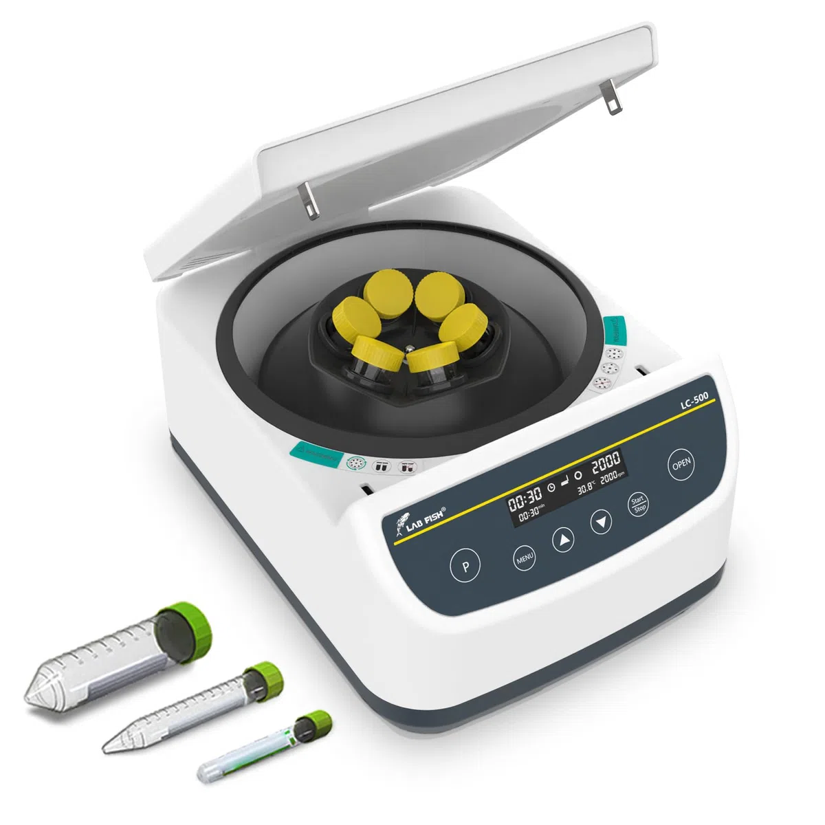 LAB FISH Labor Zentrifuge, Niedrige Drehzahl 500-4000 U/min, Max. 2146 xg, 9 Programmspeicher, Timer, für 2/5/10/15/50ml Röhrchen (6-fach Winkelrotor)