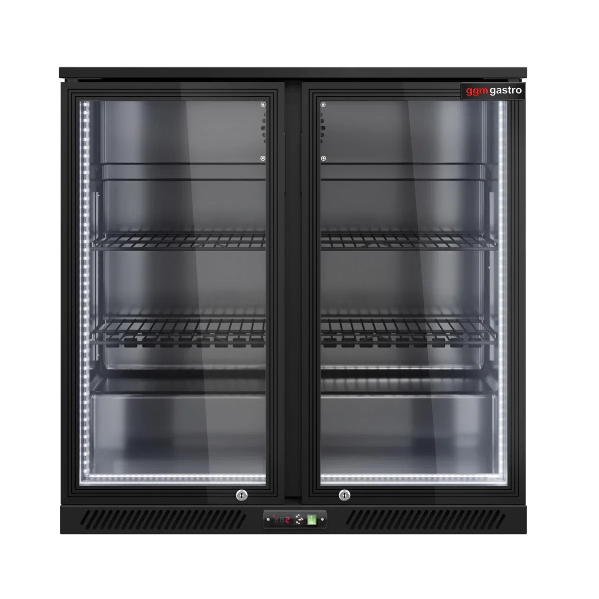 GGM Gastro | BKTLG220S | Barkühlschrank - 900mm - 220 Liter - mit 2 Glasflügeltüren - Außen & Innen Schwarz