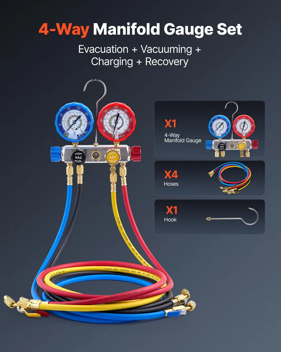 VEVOR Klimaanlagen-Manometer-Set für R22 R404A R410A R12 Kältemittel,4-Wege-Manometer mit 1,5-m-Schläuchen, für Wartung Evakuierung Befüllung Rückgewinnung von Klimaanlagen in Fahrzeugen Haushalten