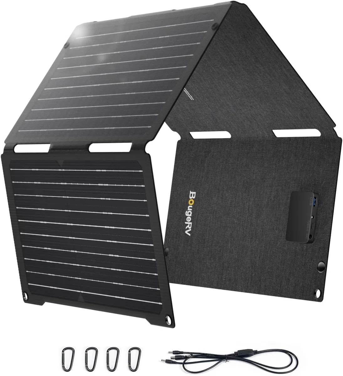 BougeRV 50W ETFT Faltbares Solarpanel, Fiberglas 270°, 0,8 kg, Solarmodul mit DC/USB-C/USB-A Ausgänge, Tragbares Solar Panel mit Carabiner, Kompatibel mit Handy, Tablette, kleiner Powerstation