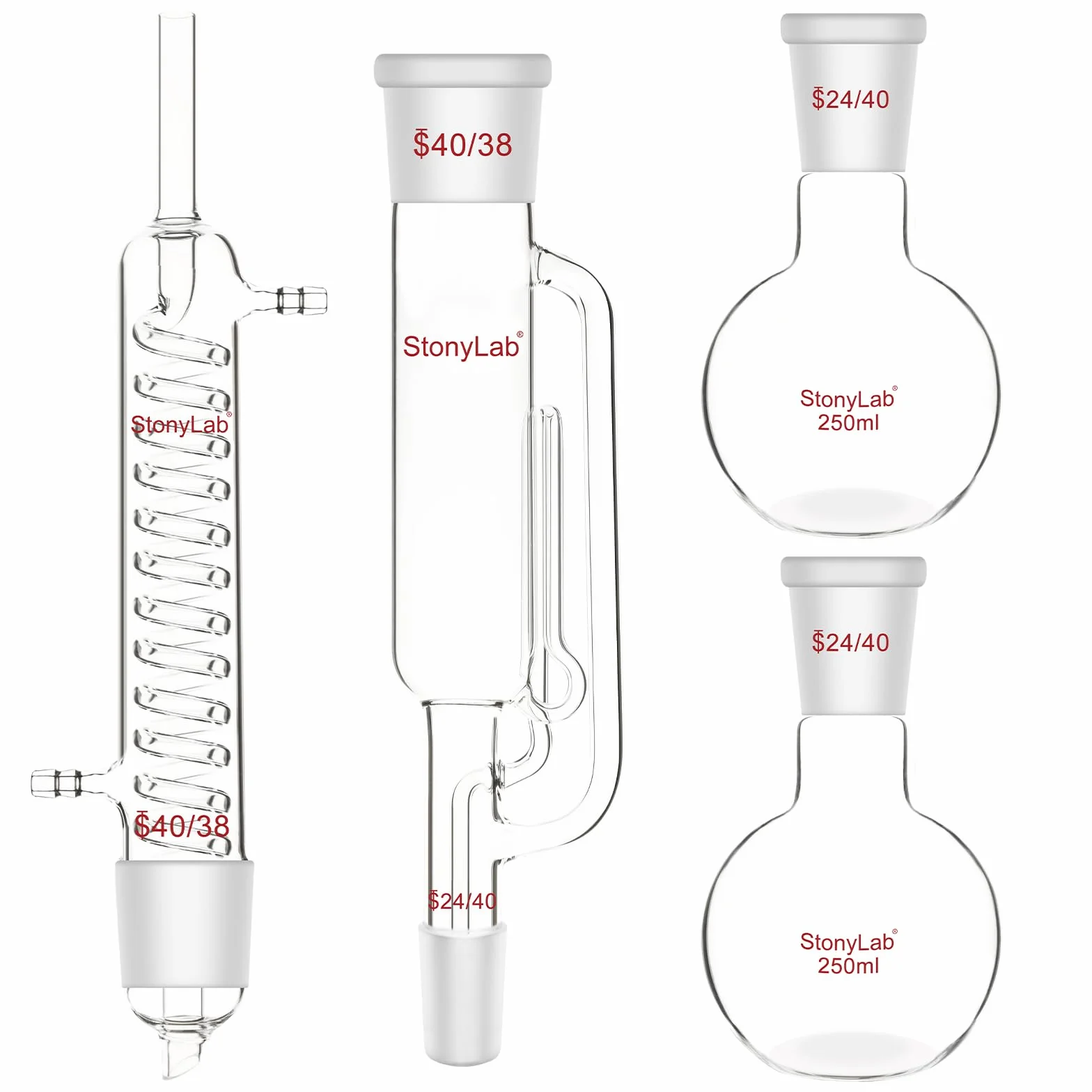 stonylab Soxhlet-Typ Extraktionskit, Borosilikatglas 40/38 Soxhlet Extraktor mit Graham Kondensator und Zwei 250 ml 24/40 Flachbodenkolben für Extraktionsprozesse
