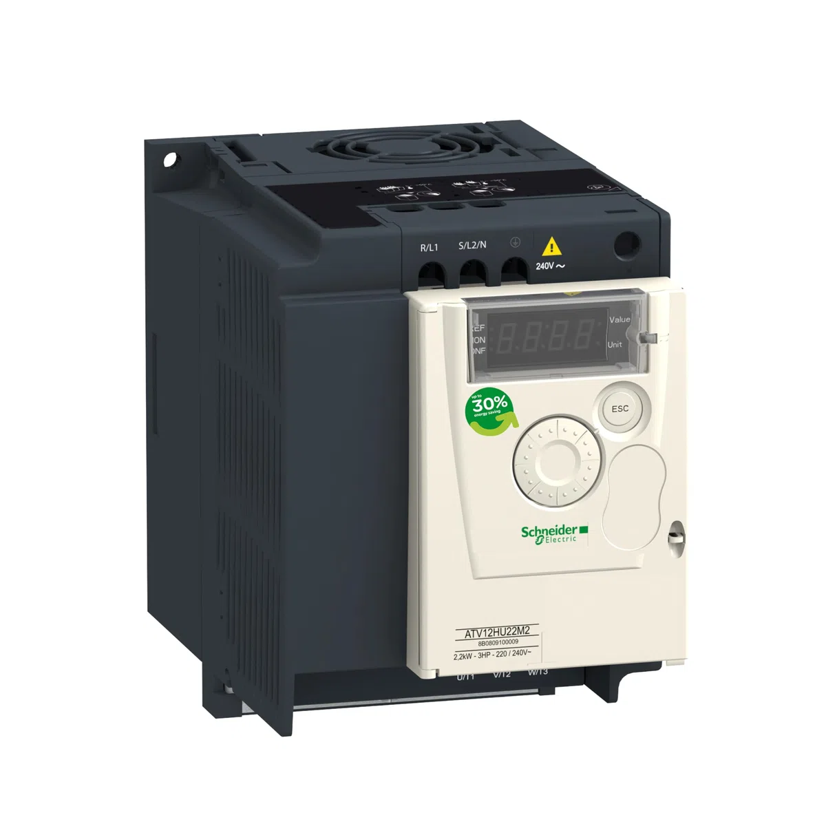 Schneider Electric Frequenzumrichter ATV12 mit Kühlkörper, 2,2kW, 3HP, 200-240V, 1-phasig, IP20, Artikelnummer ATV12HU22M2