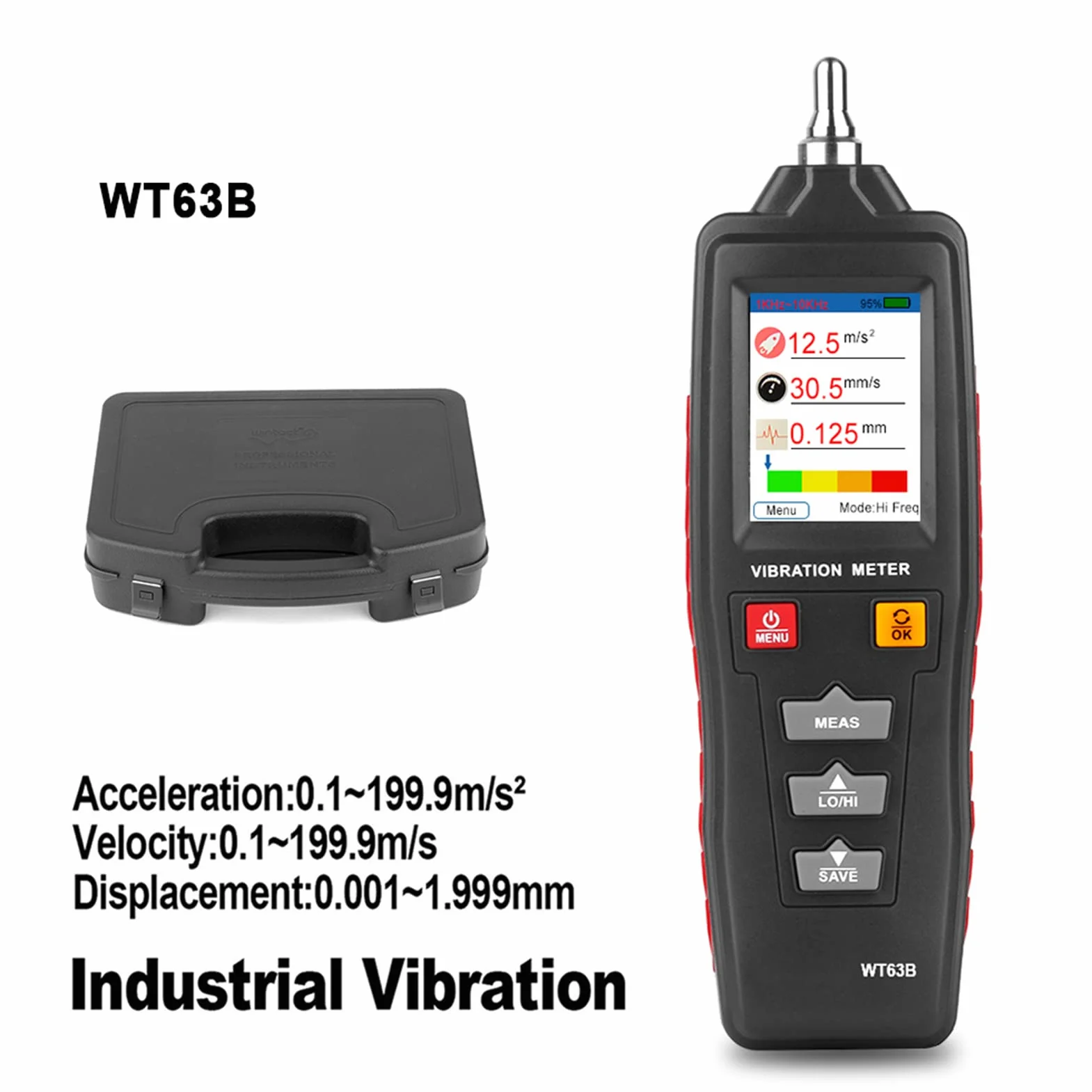 Jadeshay WT63B Vibrationsmesser, Digitales Vibrationsmessgerät, Handvibrometer, Beschleunigungsgeschwindigkeits-Verschiebungstester