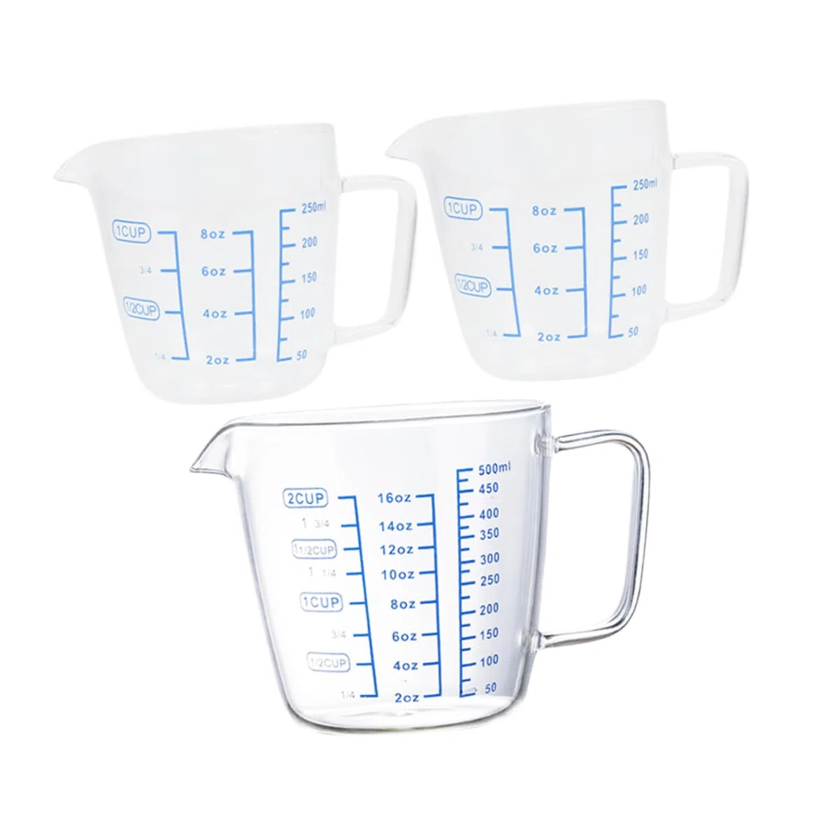 Messbecher aus Glas 3 Stück 250ml 500ml mit Henkel | Borosilikatglas, für Flüssigkeiten und Espresso, Leicht und Vielseitig