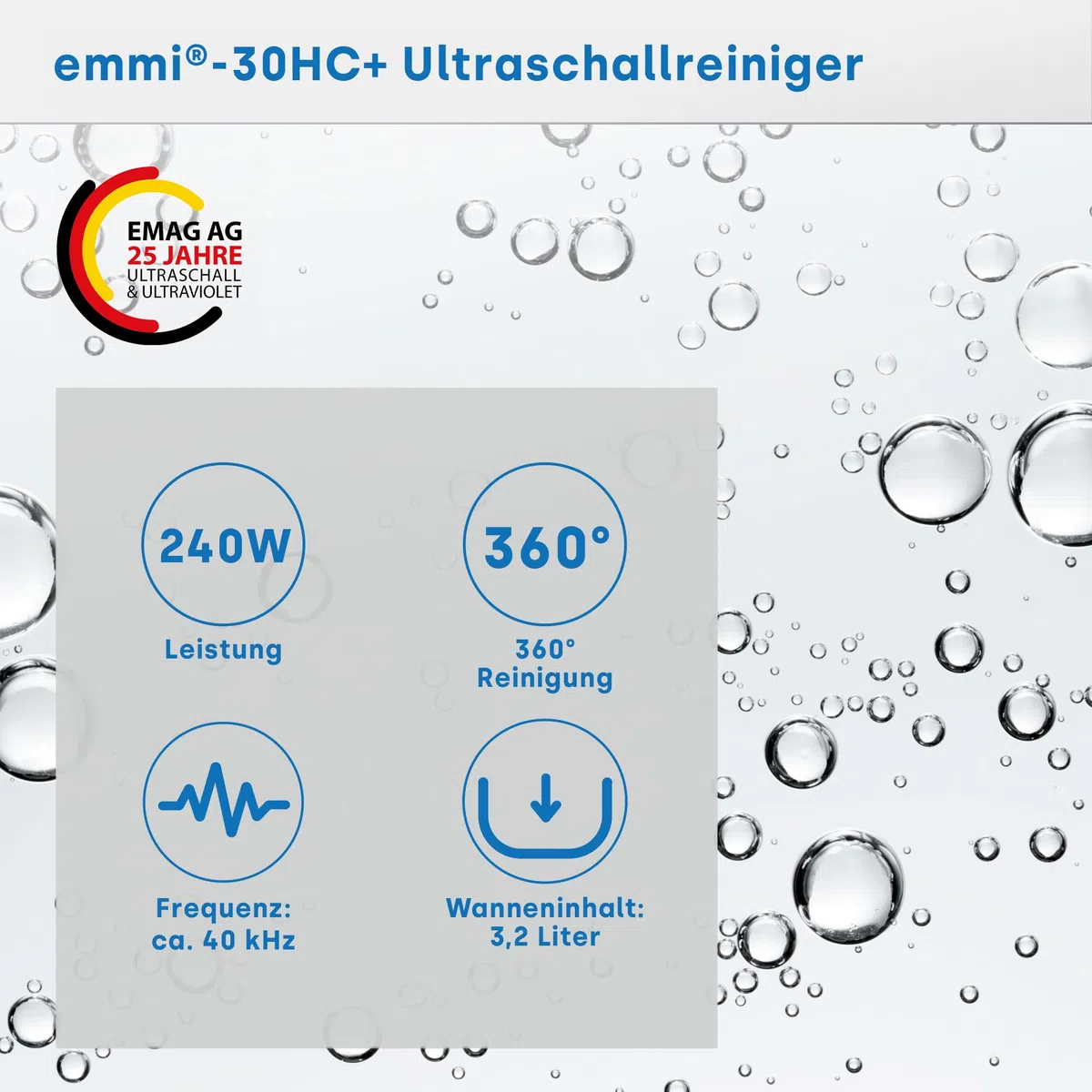 EMAG Ultraschallreiniger Emmi 30HC Plus – 3,2L Ultraschallreinigungsgerät mit Heizung & 4 Leistungsstufen – Profi-Reinigung für Brillen, Schmuck, Werkzeuge, Laborausrüstung & Platinen