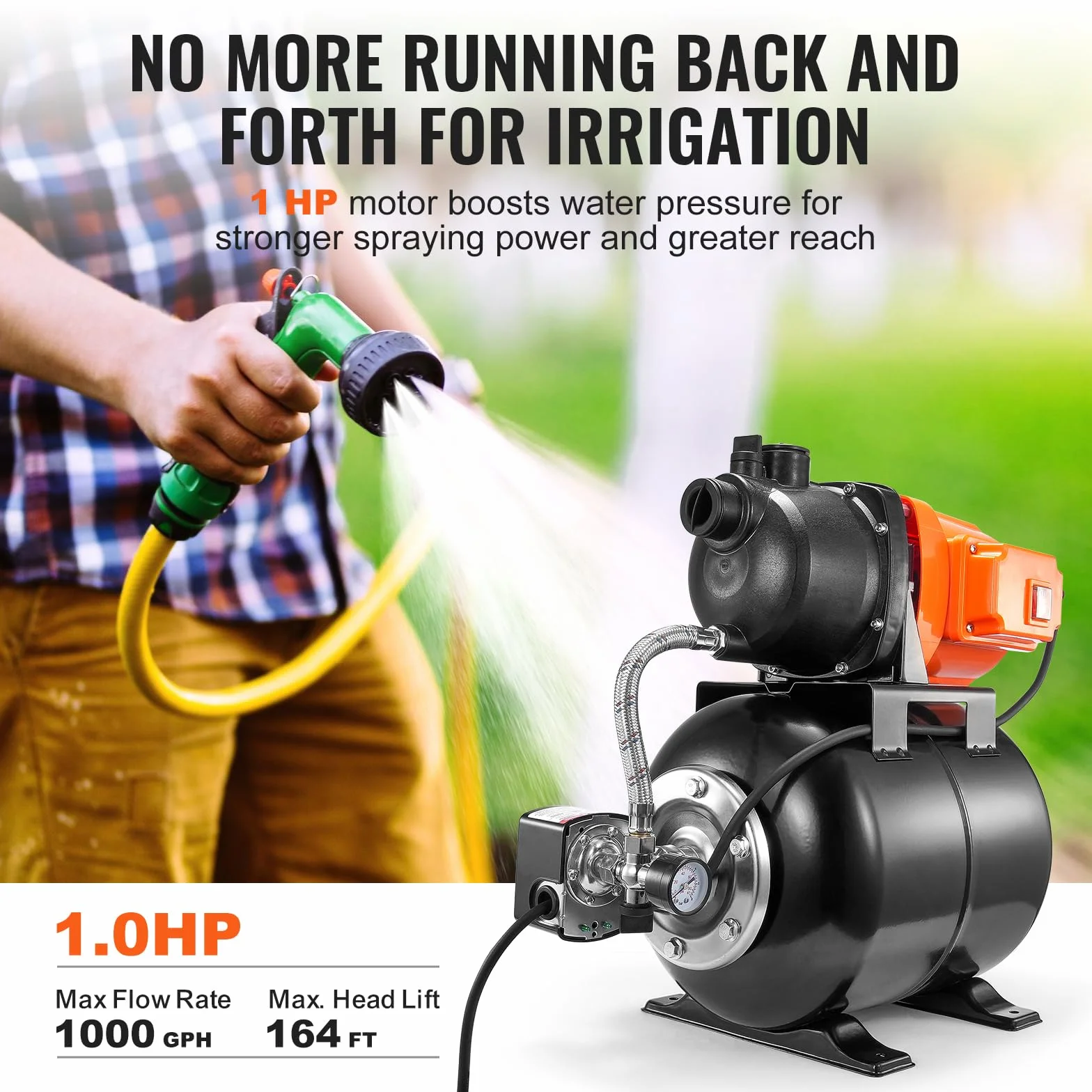 VEVOR 750 W Gartenpumpe, 3700 L/H, automatische Bewässerungspumpe mit 50 m Förderhöhe, Kreiselpumpe mit 20/40 PSI Druckschalter, Flachbrunnenpumpe, thermoplastischer Pumpenkopf für Hausgarten & Rasen