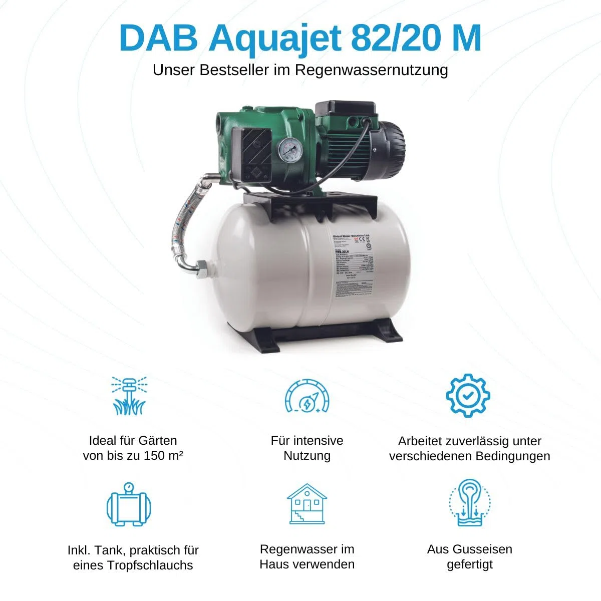 DAB Aquajet 82/20 M Hauswasserwerk - 3.600 L/Std. - 840W - Förderhöhe 47 m - Automatische Ein- / Ausschaltung - Bewässerungspumpe