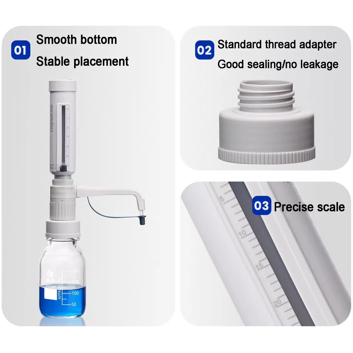 Flaschendeckelspender für flüssige Bürette, verstellbares Volumen von 5-30 ml, inklusive 5 Halsadaptern für genaue Dosierung von Lösungsmitteln und Reagenzien aus Behältern