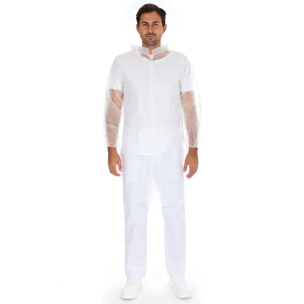 FRANZ MENSCH 100 Stück Hygonorm Besucherkittel Light mit Druckknöpfen, Stehkragen | PP, Sparpack, white, XL, L: 110cm, Umfang: 130cm, Box, Einwegkittel, Besucherkittel,Überkittel die Hygienebereiche