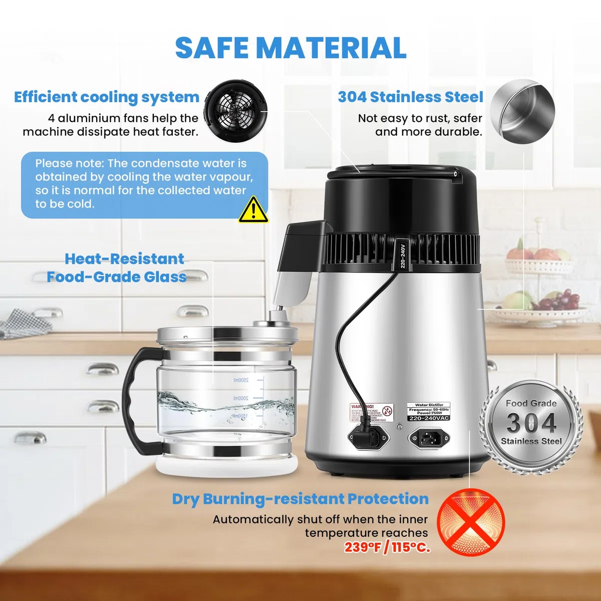 Hanchen Wasser Destilliergerät Wasser Destillierer 1L/H Wasserdestilliergerät Destilliertes Wasser herstellen 750W Edelstahl Distilleranlage mit Glaskanne | Reinwasser destilieren für Haus Labor