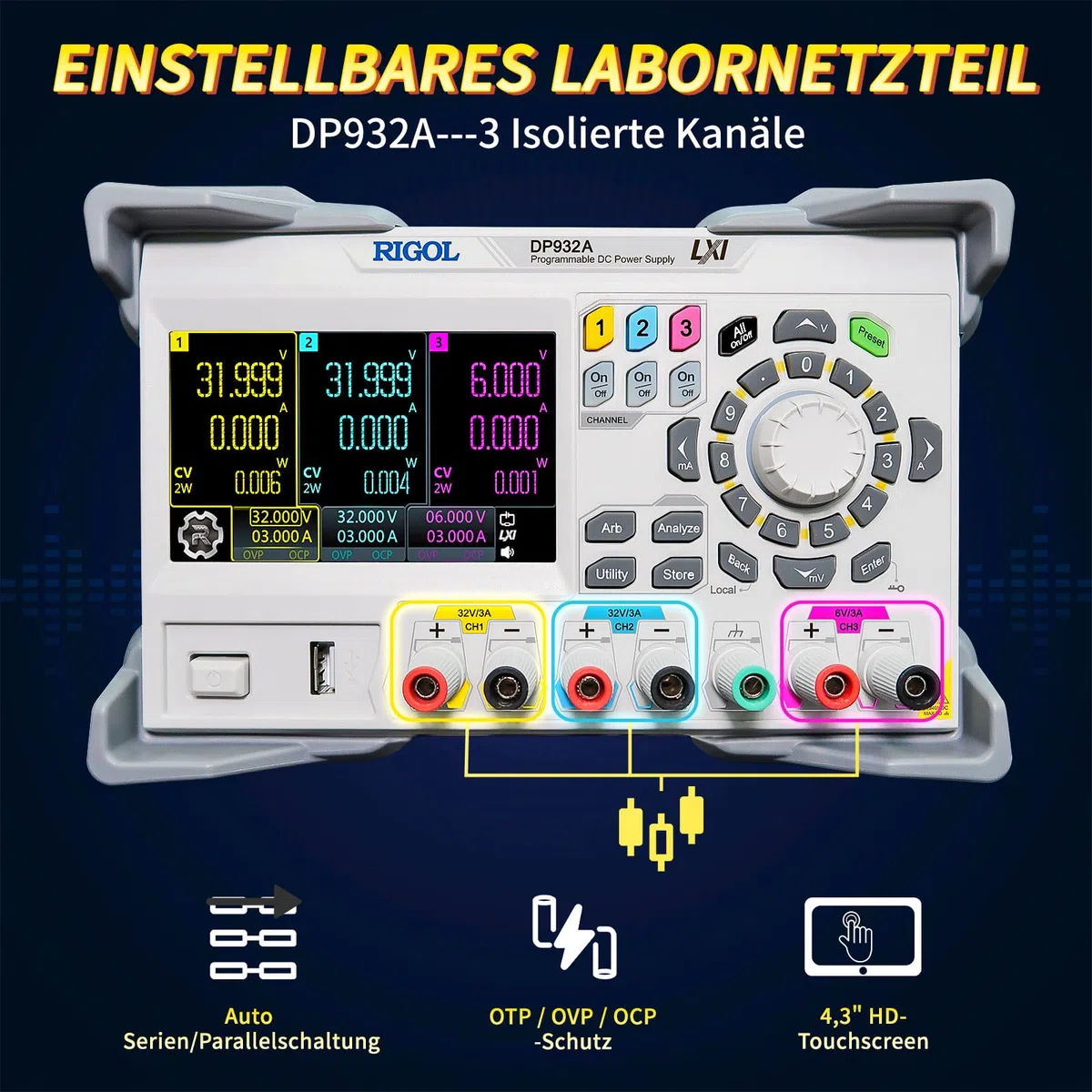 RIGOL Labornetzteil DP932A,Netzteil Regelbar,3 Ausgänge,32V/3A,32V/3A,6V/3A,Auflösung 1mV/1mA,automatische Reihen-und Parallelschaltung,Labor DC-Stromversorgungen