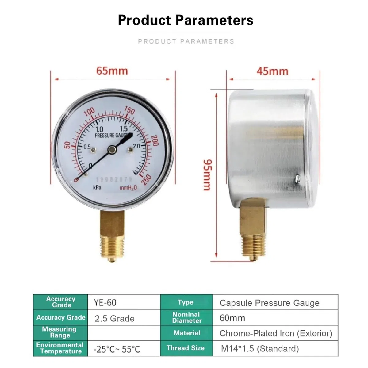 Digitales Manometer, YE-60 Membran-Manometer, Mikro-Niederdruckmanometer, Radialmontage, G1/4-Gewinde(0-6kpa)