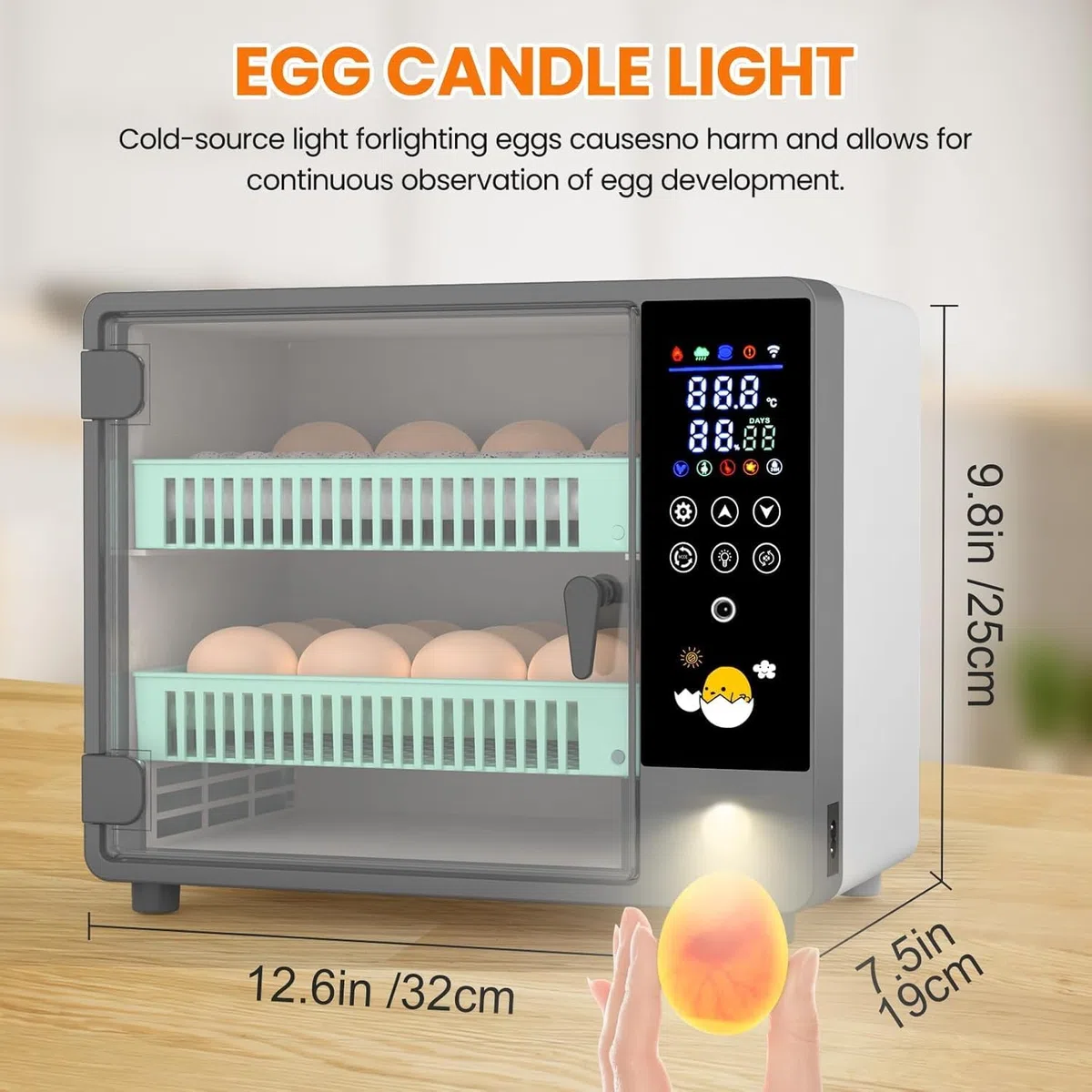 Vollautomatischer Inkubator für 24 Eier mit automatischem Drehen von Eiern und Befeuchtung durch Ultraschallbeströbung, Temperaturregelung, LED-Farbdisplay, Lichtlampe für Ei