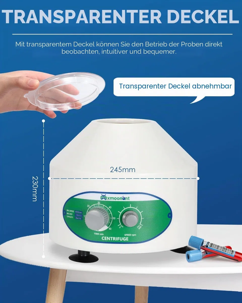 Mxmoonant Laborzentrifuge, 4000rpm, 6x20ml, 1790xg, 60min Timer, 4kg, φ245x215, geeignet für 20ml/15ml/10ml/5ml Teströhrchen, für Trennung von Proben, Qualitative Analyse (EU Stecker)