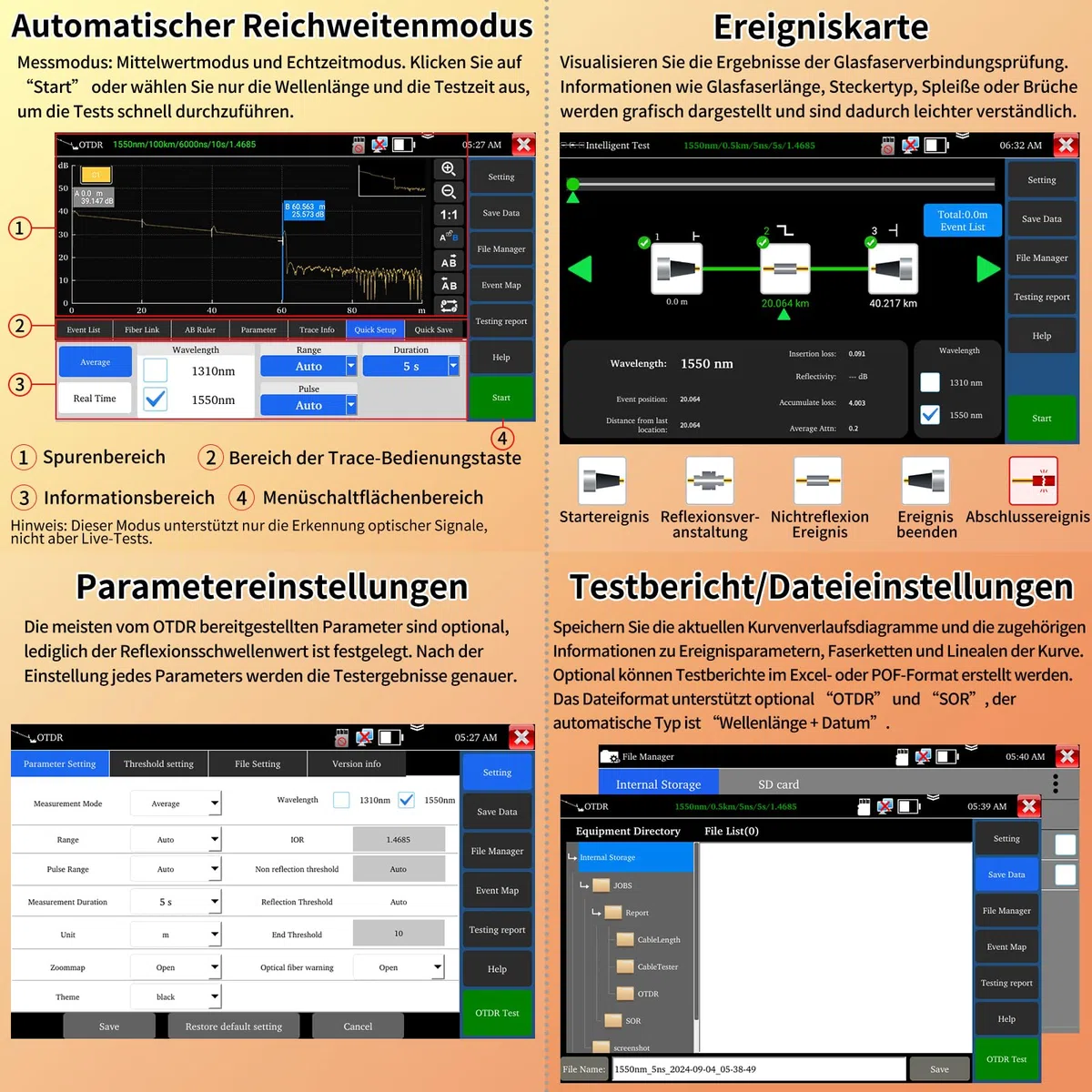 Henkion OTDR Fiber Optic Tester 1550nm 26/24dB, Glasfasertester unterstützt OPM, LS, OLS, VFL, Ereigniskarte, UTP/RJ45 TDR kabeltest/Längenkabeltester, Netzwerktester, 8 Faseradapter, FTP/Bericht