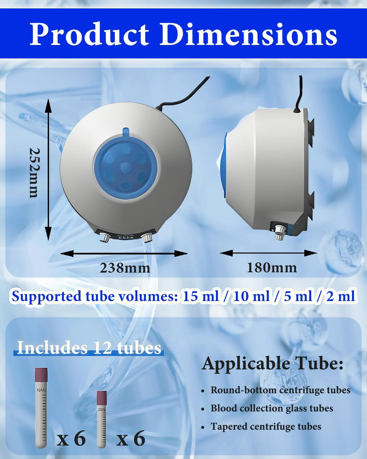 PRP Zentrifuge, 6 * 15ml, 4000RPM 1953xg, RCF Tragbare Zentrifuge Labor with 1-99min Timer, Transparent Lid & LED, für 5/7/10ml Zentrifugenröhrchen, Geräuscharm, für Plasma, Blut, medizinische Praxis