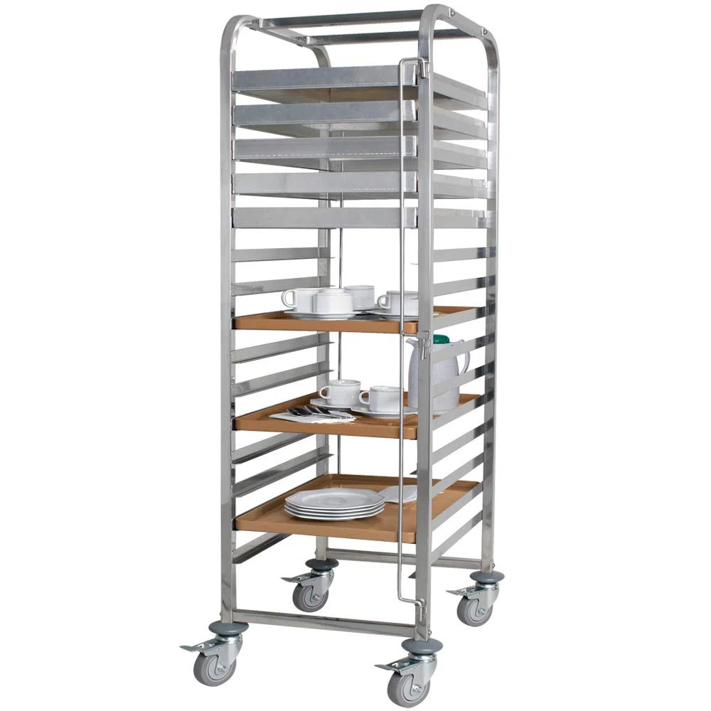 BRB Tablettwagen/Abräumwagen aus Edelstahl, für 15 Tabletts oder Backbleche, BxTxH 620x470x1735 mm, 4 Gummilenkrollen mit Feststellbremse