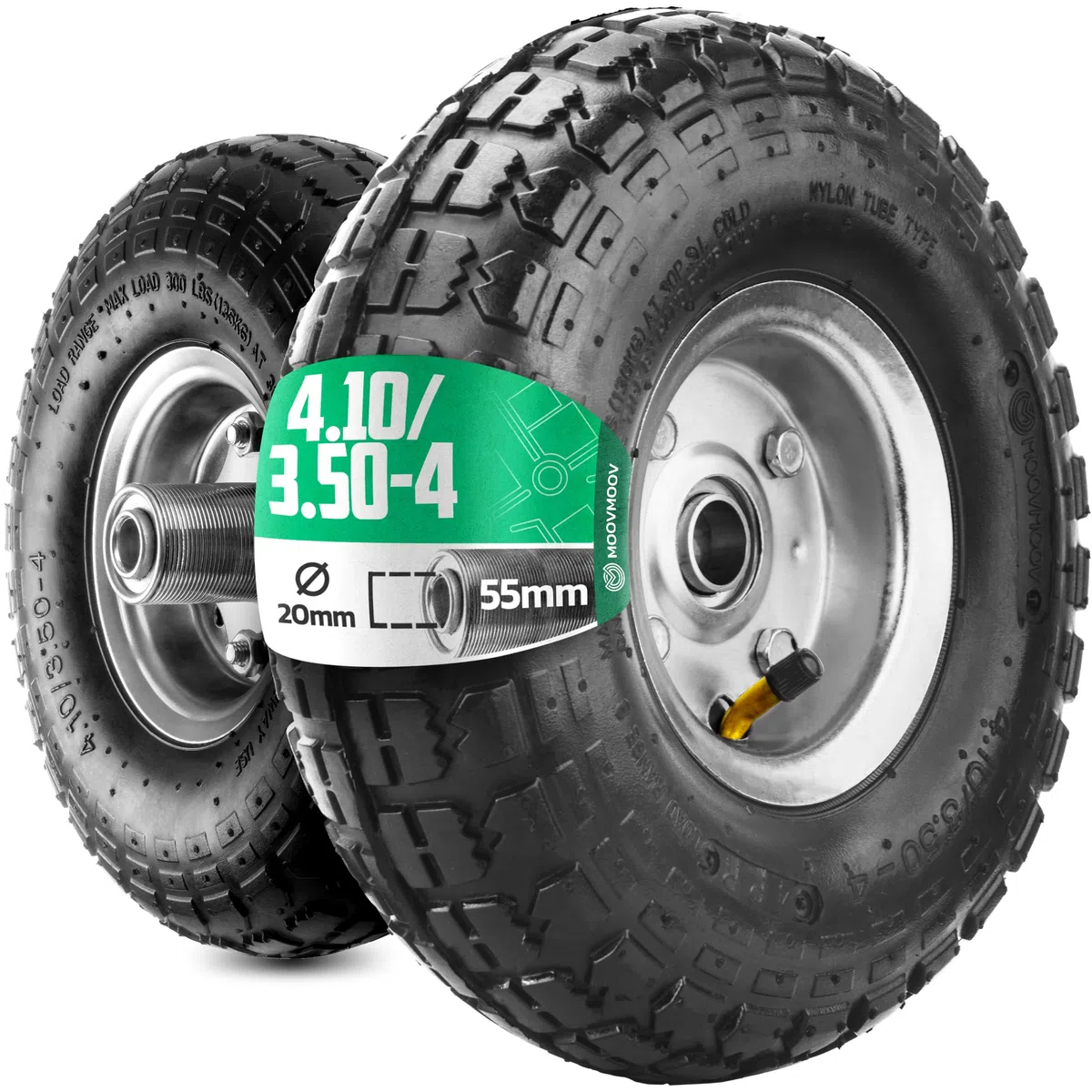 Aufblasbares Rad 4,10/3,50-4 (x2) Nabe 55 mm und Bohrung 20 mm – für Sackkarre, Wagen, Schubkarre usw. Komplettrad: Reifen + Schlauch mit gebogenem Ventil + Stahlfelge. MOOVMOOV
