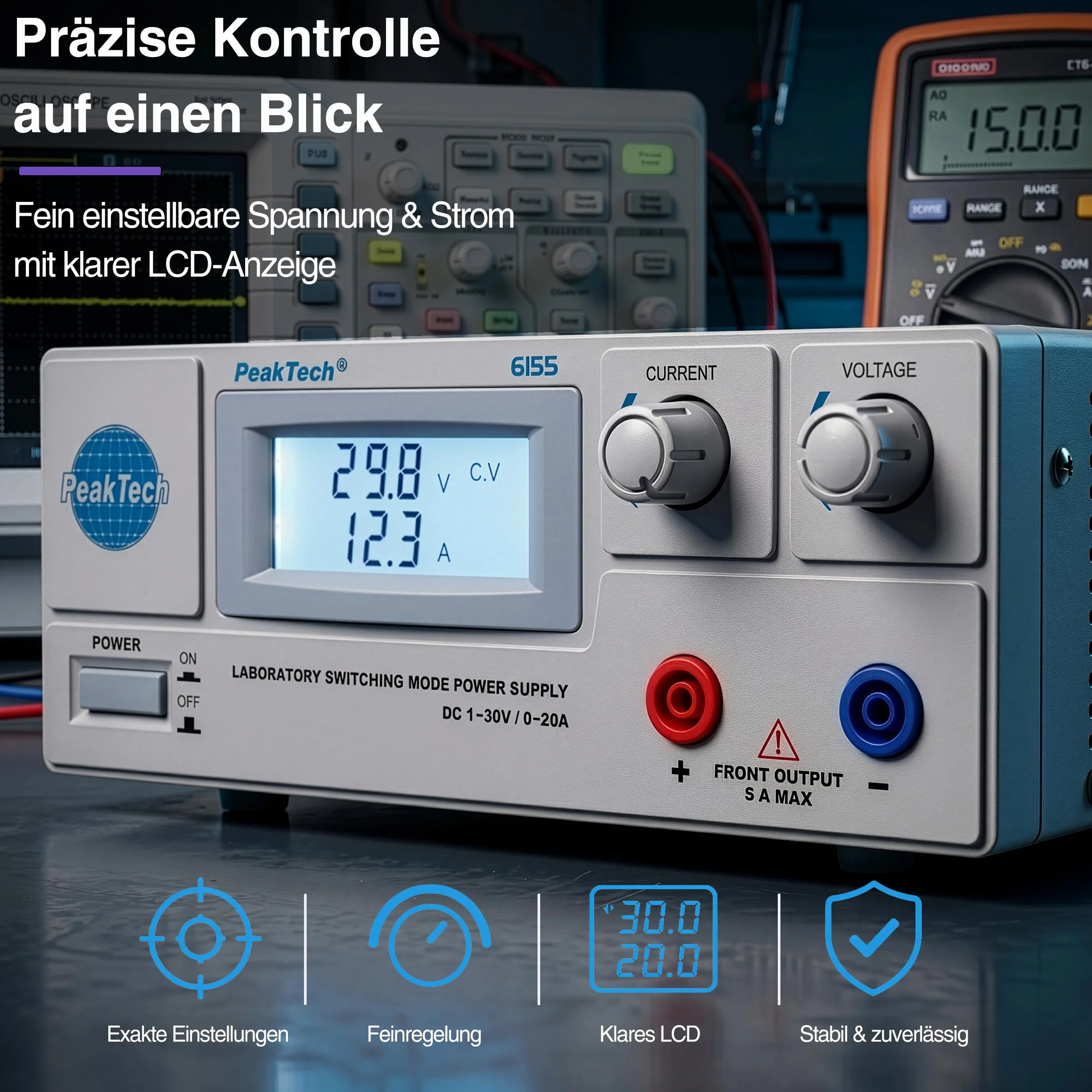 Peak Tech P 6155 – Digitales Labor Netzteil C 1-30 V/ 0-20A mit beleuchteter LCD Anzeige, Zuverlässsiges Schalt Netzgerät, Überspannungsschutz, DC Ausgang, Ausgangsleistung: 600 W - 214 x 87 x 336 mm