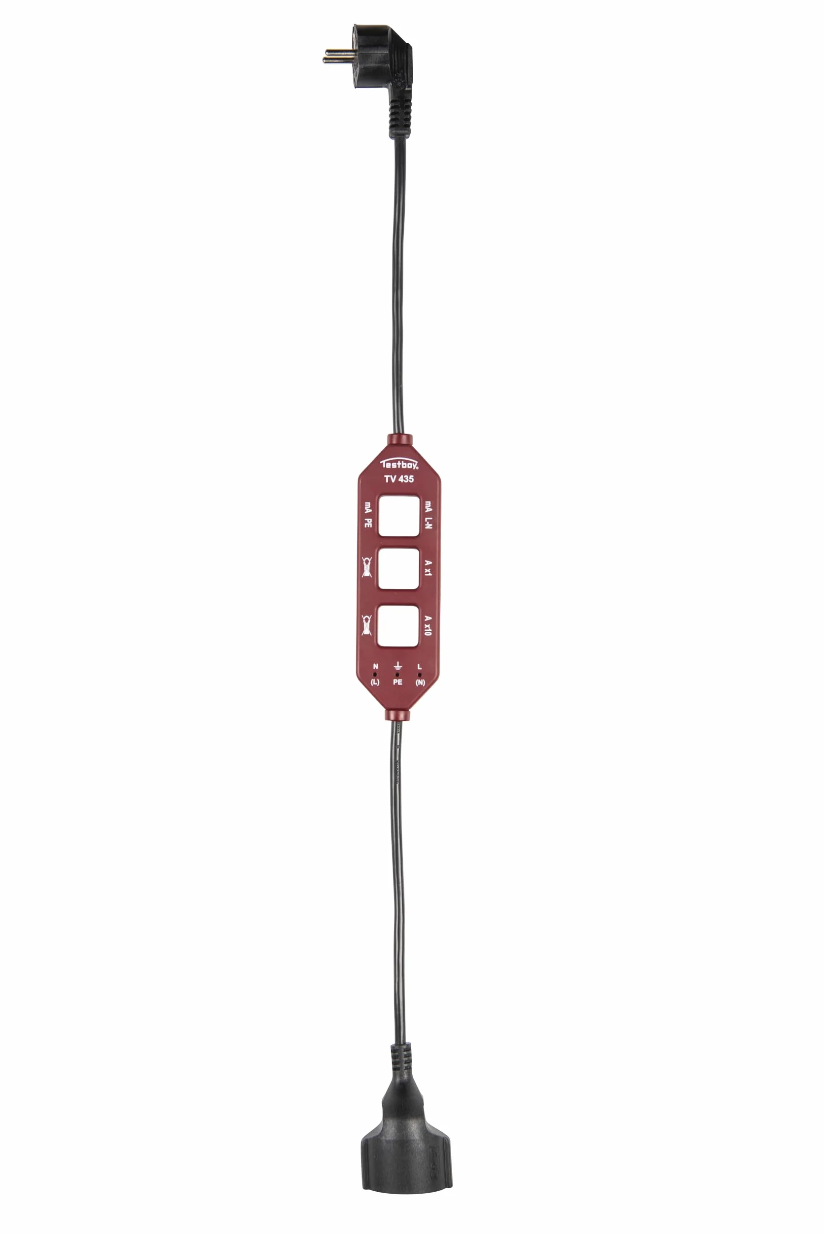 Testboy TV 435 Strom-Messadapter (Line-Splitter, Adapter mit Schuko-Anschlüssen, einfache & 10-fache Laststrommessung, Schutzleiterstrommessung, integrierte Messbuchsen), Rot/Schwarz