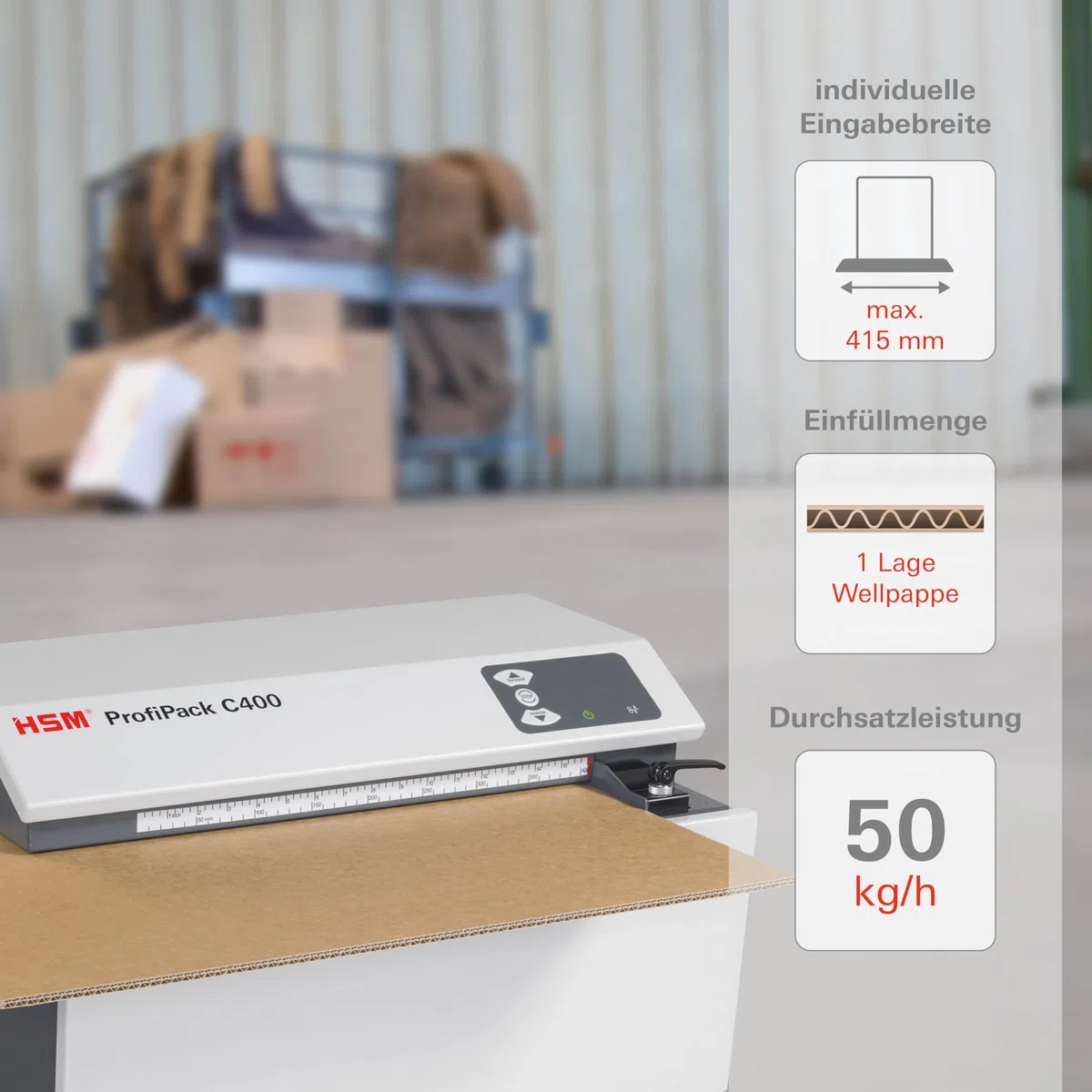 HSM ProfiPack C400 Verpackungspolstermaschine I Für Verpackungsmaterial | Kartonschredder I Füllmaterial, Polstermatten für Pakete aus Kartonagen I 1 Lage I Tischgerät I nachhaltiges Recycling