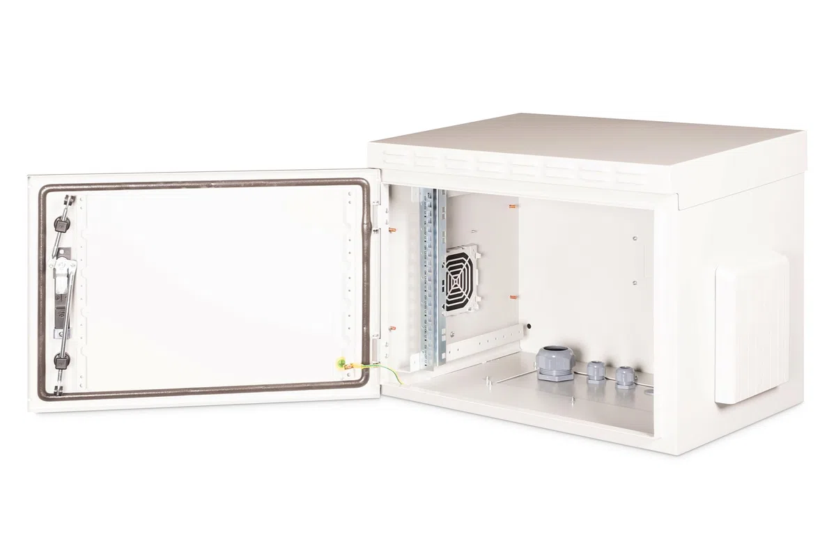 DIGITUS Outdoor Netzwerkschrank – 19 Zoll 7HE – 450 mm Tiefe | 342 mm Nutztiefe – Traglast 100kg – Schutzklasse IP55 – Abschließbar – Grau