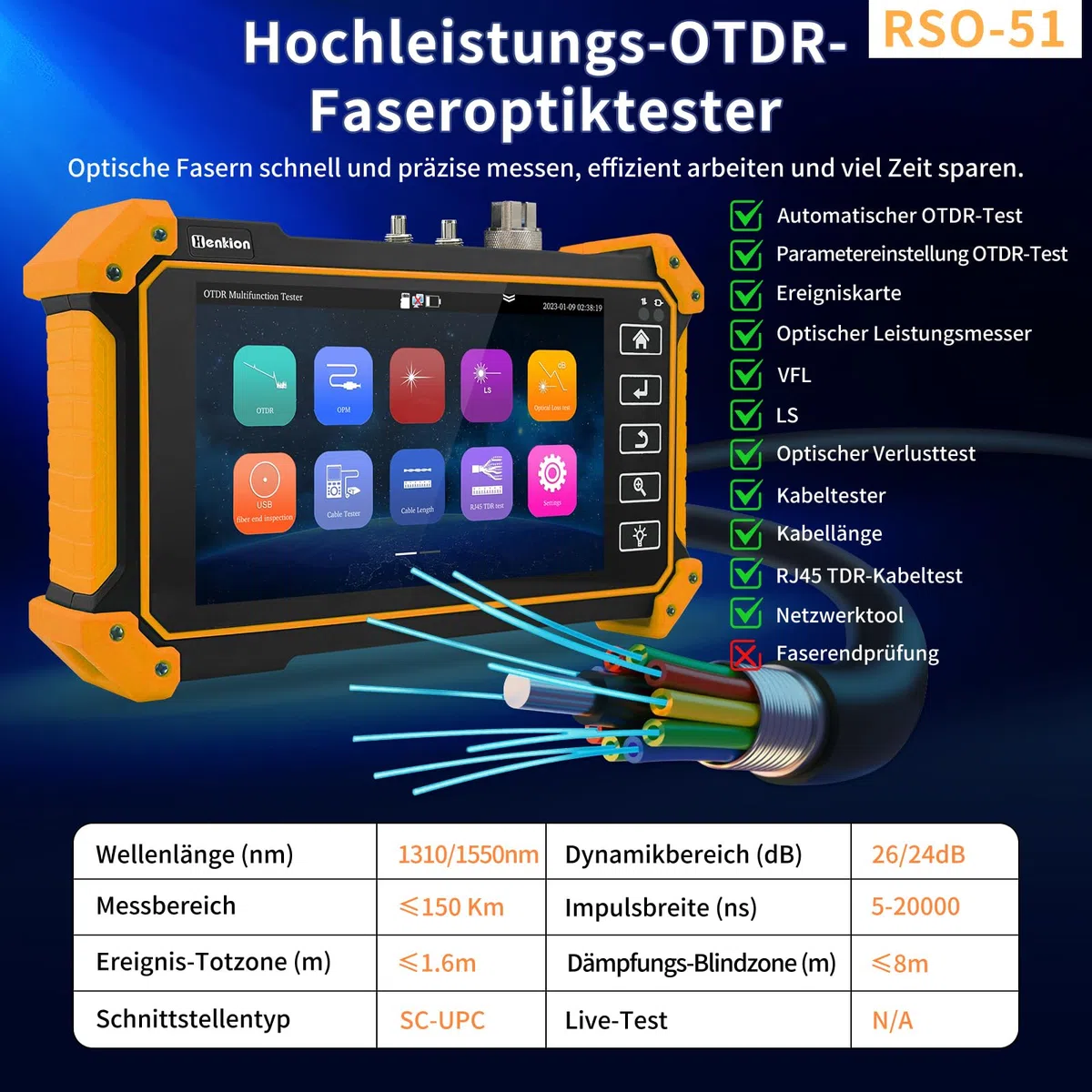 Henkion OTDR Fiber Optic Tester 1310/1550 nm 26/24 dB Glasfasermessgerät, Automatik/Parametermodus, OPM, LS, OLS, Ereigniskarte, Kabeltester, 8 Fasernadapter, Datei- und Berichtseinstellung