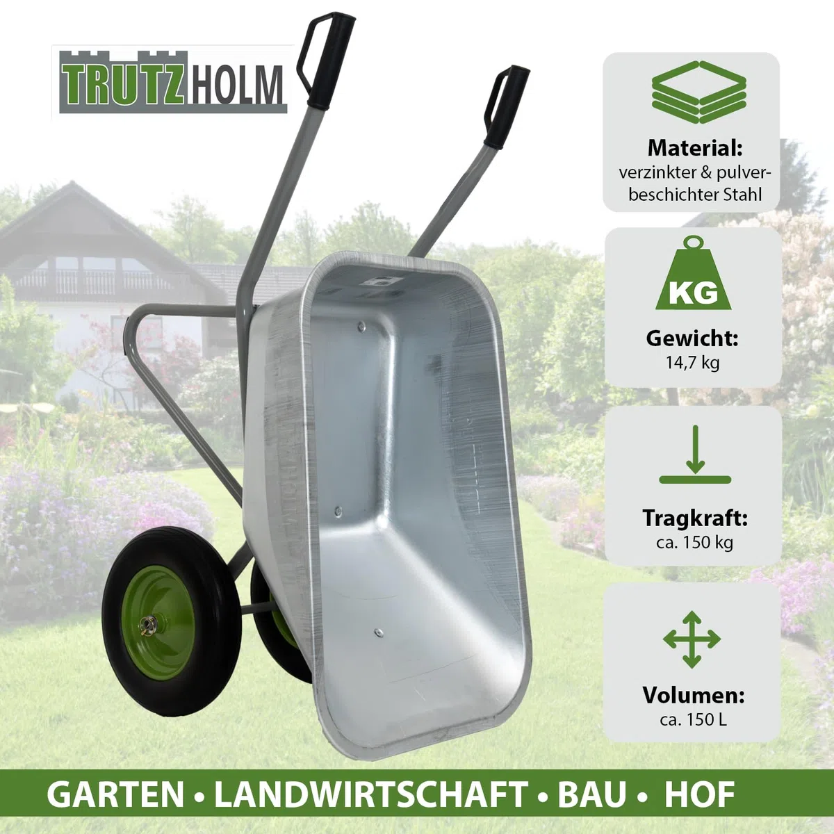 TRUTZHOLM 2-Rad Schubkarre 150L 150kg | stabile Gartenkarre Baukarre kippsicher | verzinkte Wanne | pannensichere PU-Räder | pulverbeschichteter Stahlrahmen | Sicherheitsgriffe | Zweirad