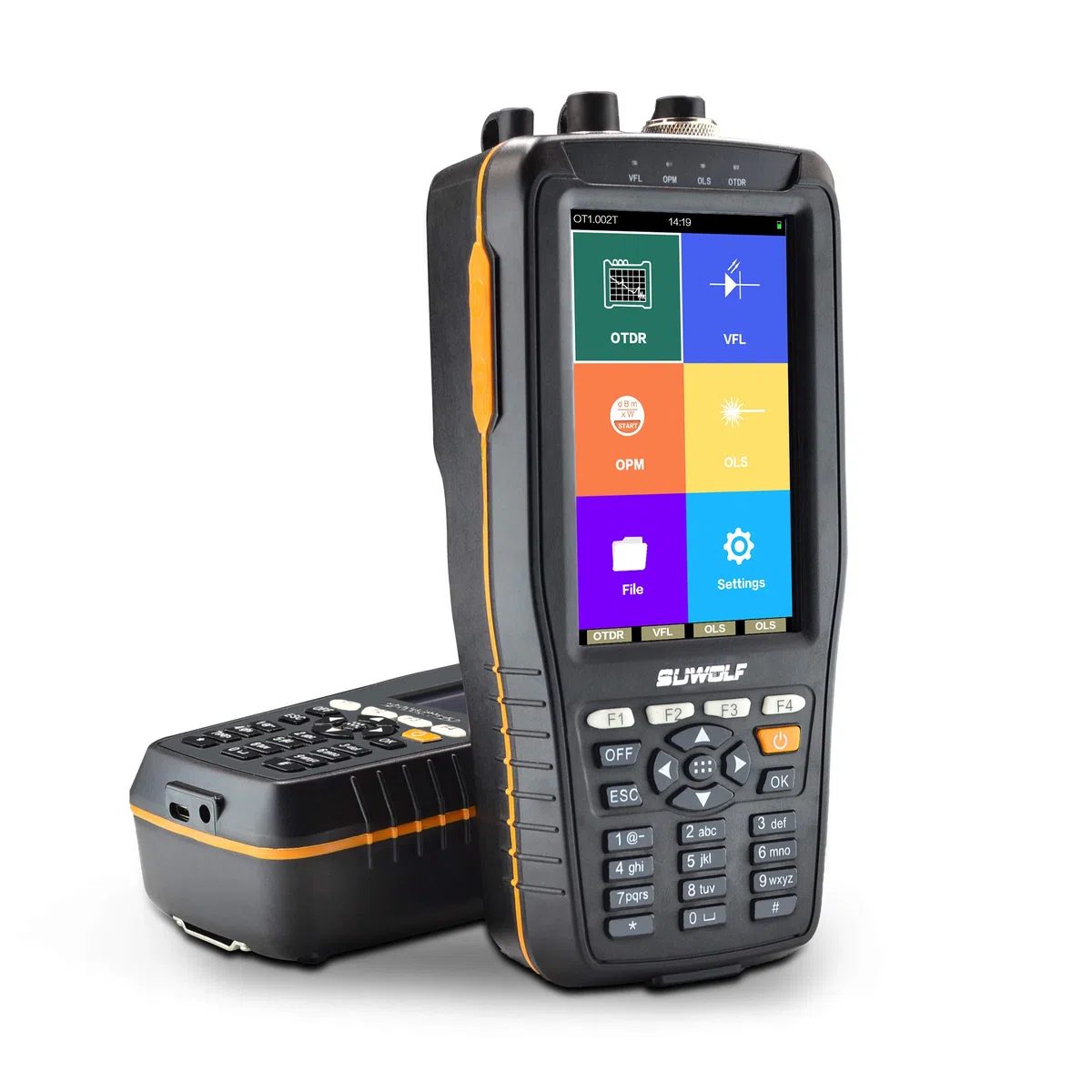 1310/1550nm 22/20dB Handheld 4in1 Mini OTDR +VFL+OPM+OLS 4” Touchscreen 60Km Glasfaser Tester/LWL Tester/Optische Zeitbereichs-Reflektometer mit SC(APC)+FC(APC)+FC zu LC(APC) Adapter