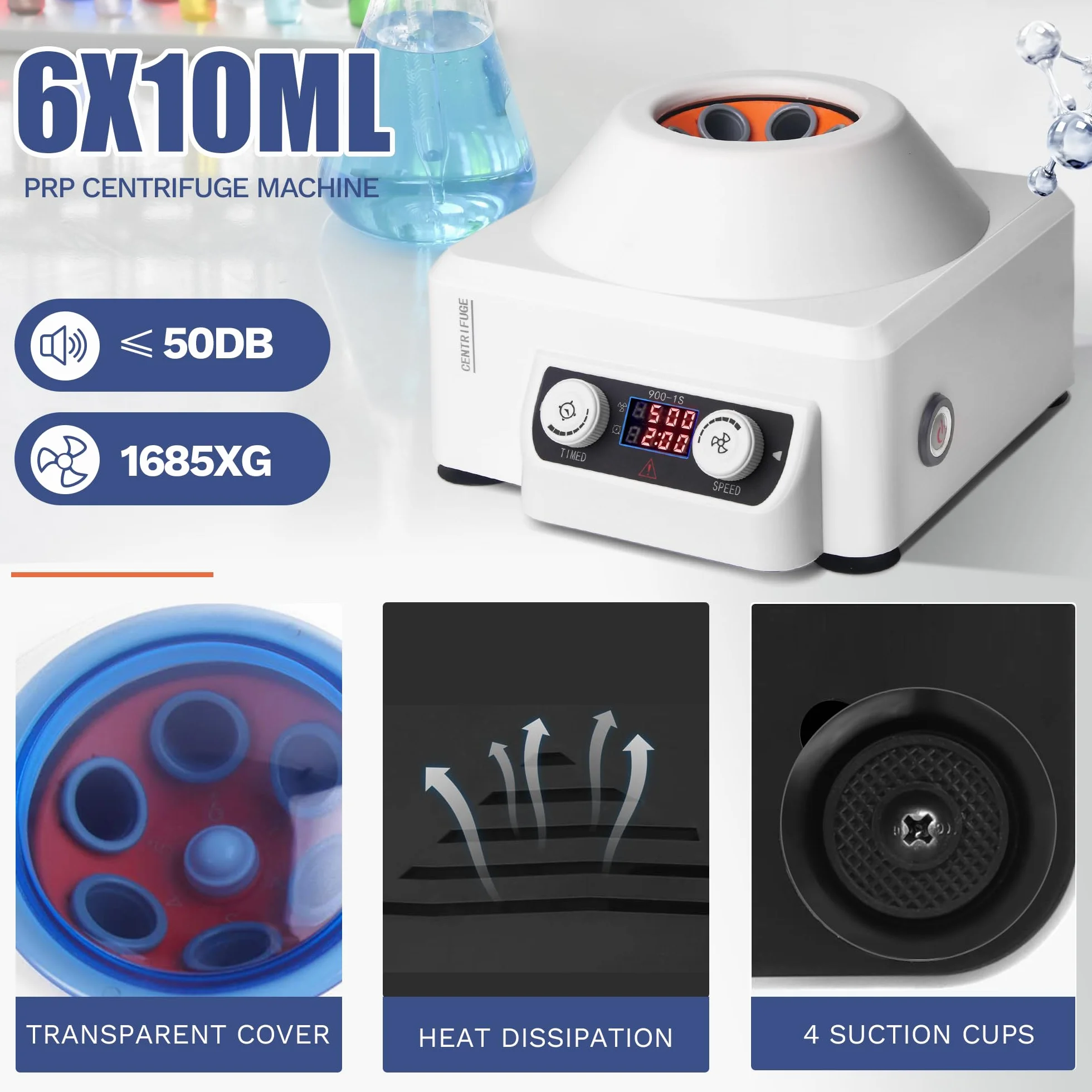 PRP Zentrifuge, 6x10ml Tischzentrifuge Blut mit LCD-Bildschirm, 4000rpm 1795xg RCF Tragbare Zentrifuge Labor, 1-99 Minuten Limit, für Blut, Plasma 220V