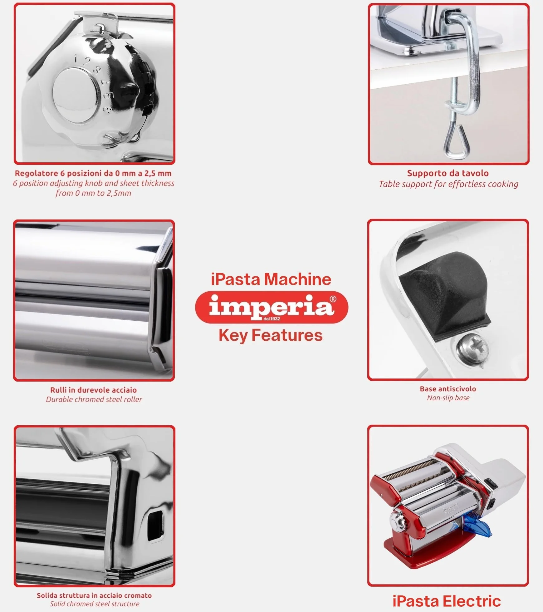 Imperia Electric Linie Classica. Elektrische Nudelmaschine. 100% Made in Italy. Frischpastamaschine aus Stahl mit 220v Elektromotor. Elektrische Teigmaschine für Lasagne, Tagliolini, Fettuccine.