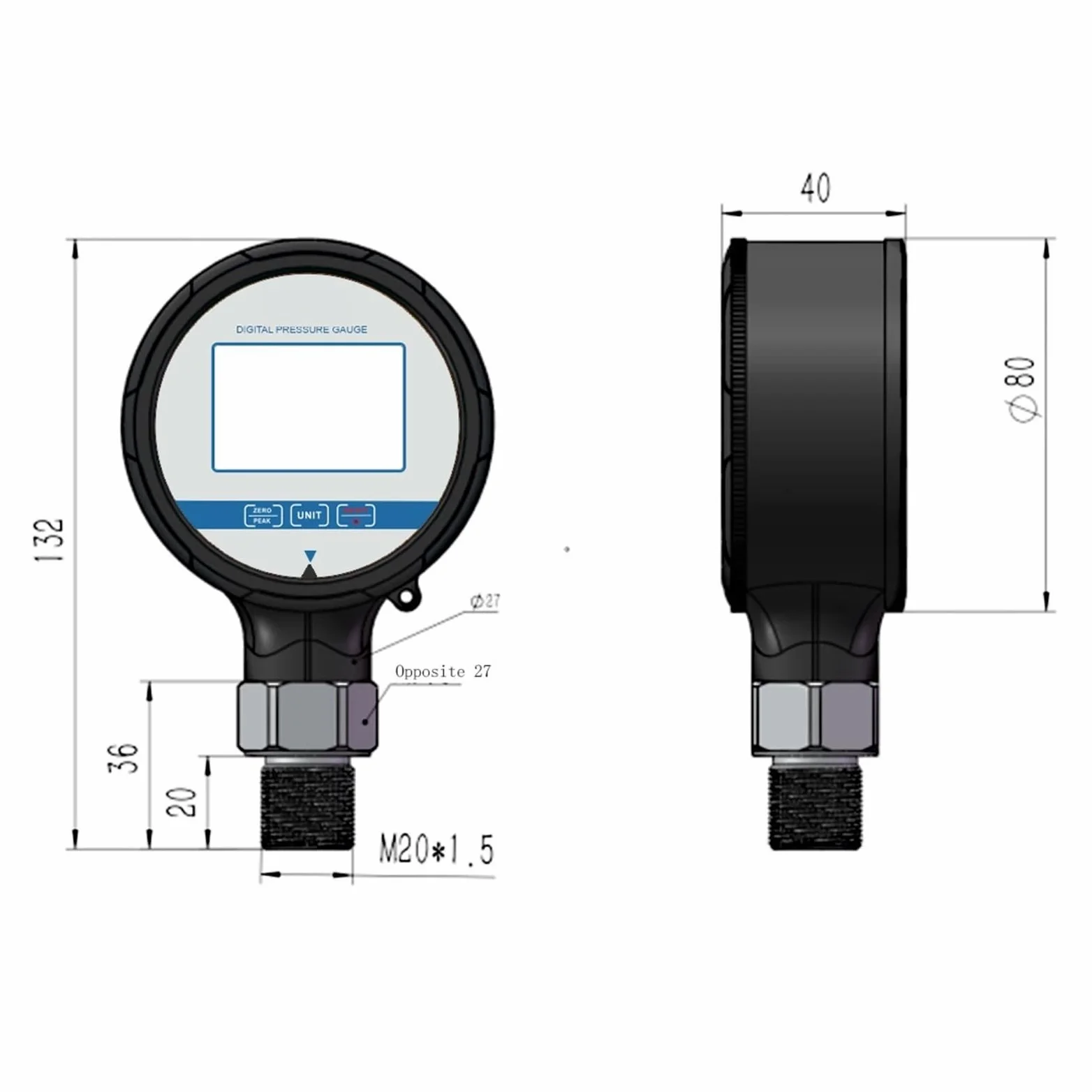 Manometer G1/2, DR3730 80 mm hydraulisches digitales Manometer for Luft, Öl, Wasser(0-6MPa)