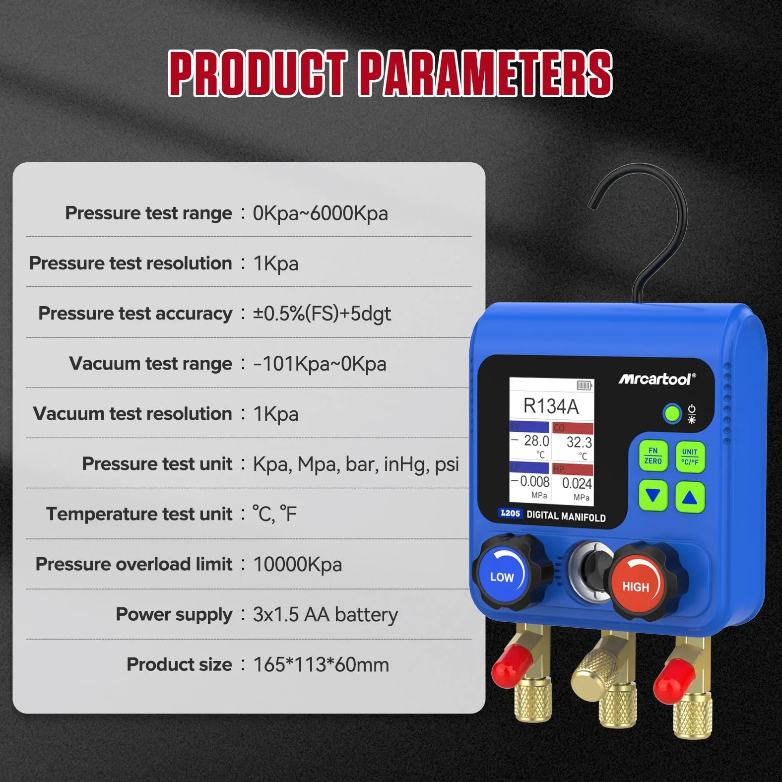 L205 Digitales Kältemittelmessgerät Vakuumpumpe Klimaanlage 92 Kältemittel Daten Manifold Gauge Set Druck-Temperatur-Lecktester für HVAC Kältetechnik R134A R32 R410