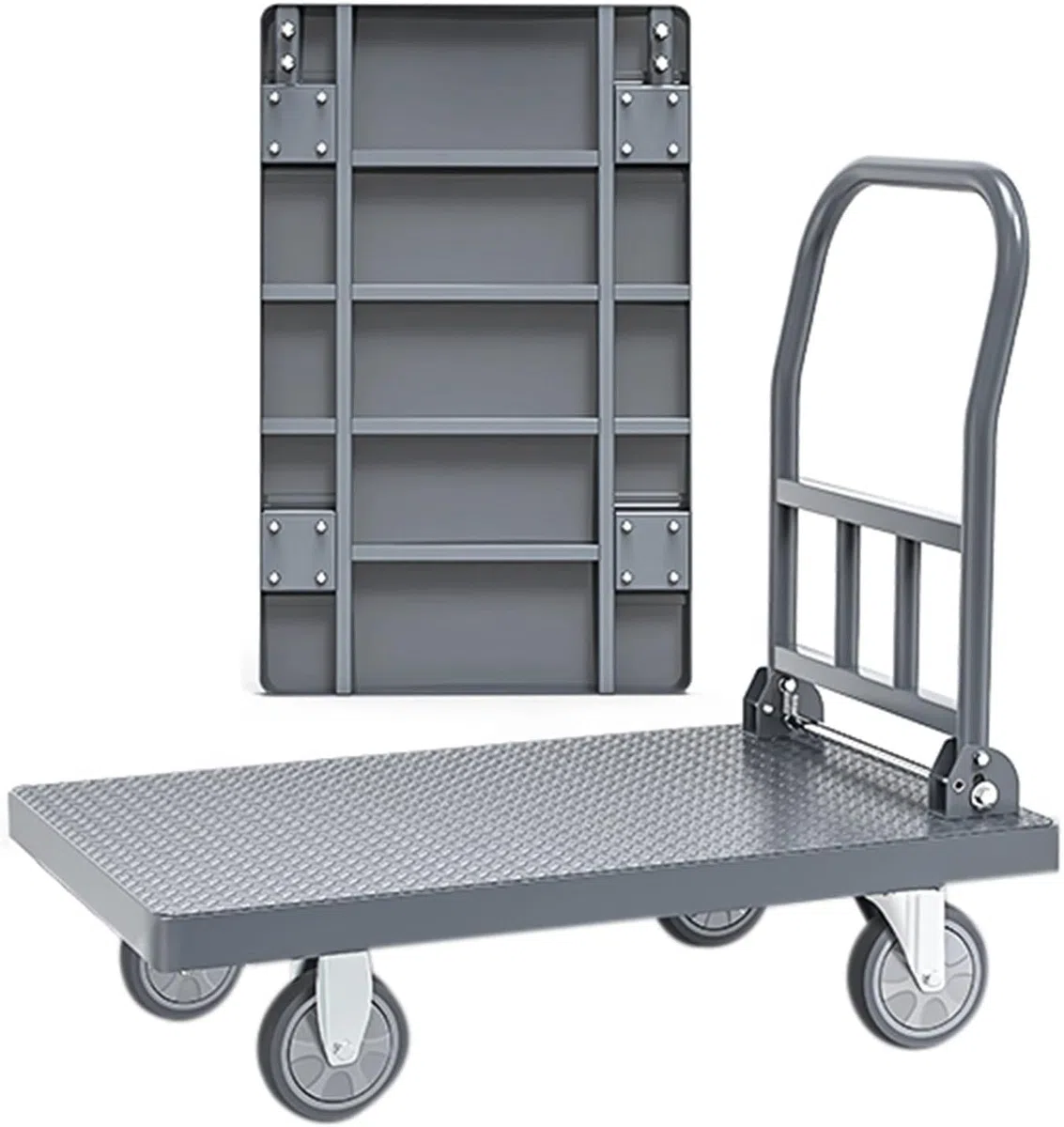 Handwagen mit klappbarer Stahlplattform, Schubkarre, faltbar, robust, rutschfest, maximale Tragkraft 600 kg, mit 4 Rädern
