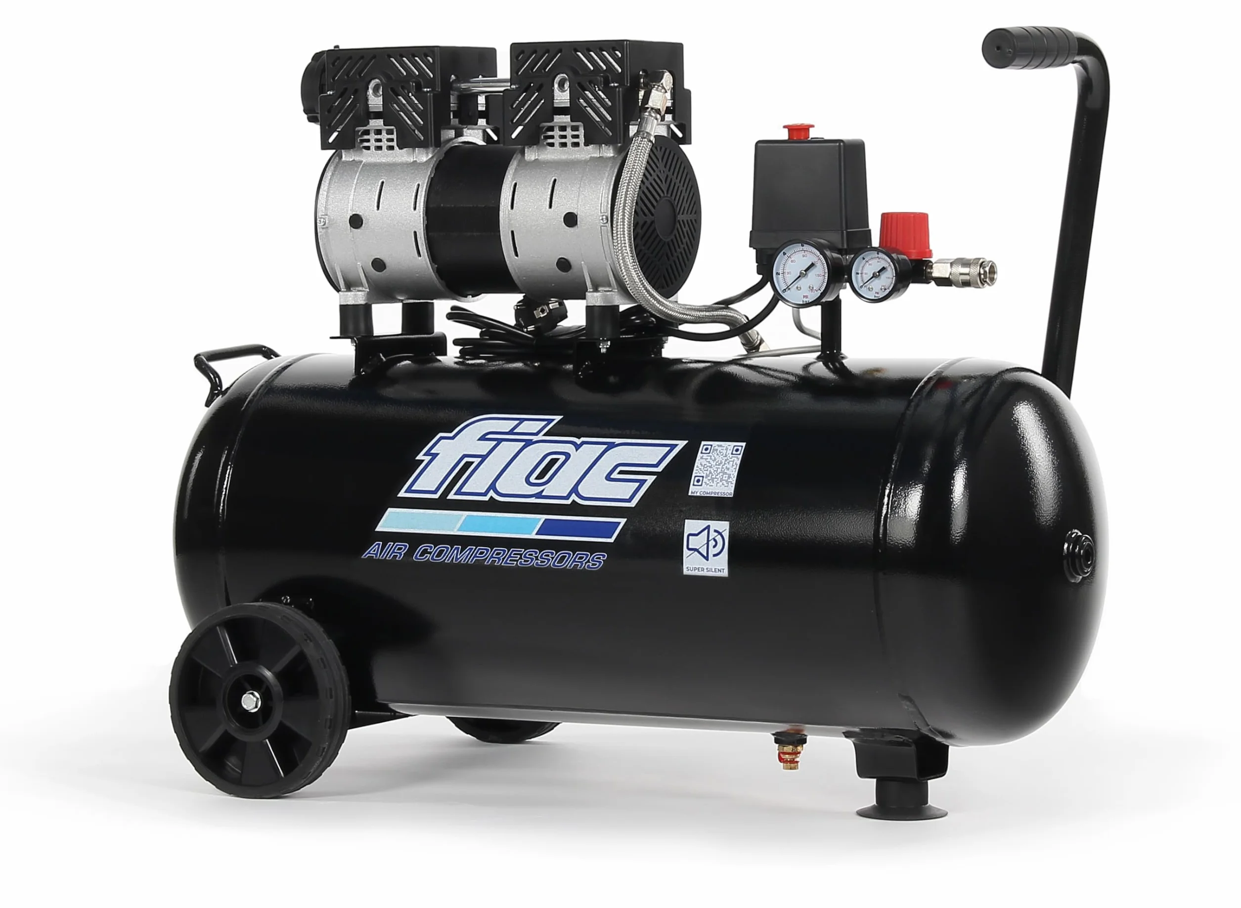 FIAC Leiser Mobiler Luftkompressor SUPERSILENT 50, Ölfrei, Maximaler Druck 8 Bar, 1 PS, 50-Liter-Tank, Geräuschpegel 58 dB LpA