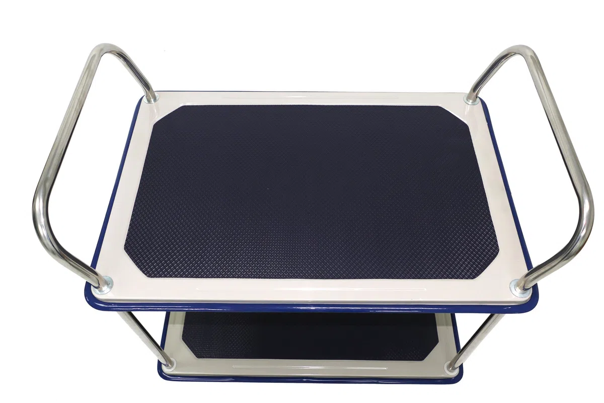 TW-220 Etagenwagen, verchromt, 2 Etagen, LxBxH: 914 mm x 610 mm x 950 mm, Tragfähigkeit 370 kg, Edelstahl/Blau