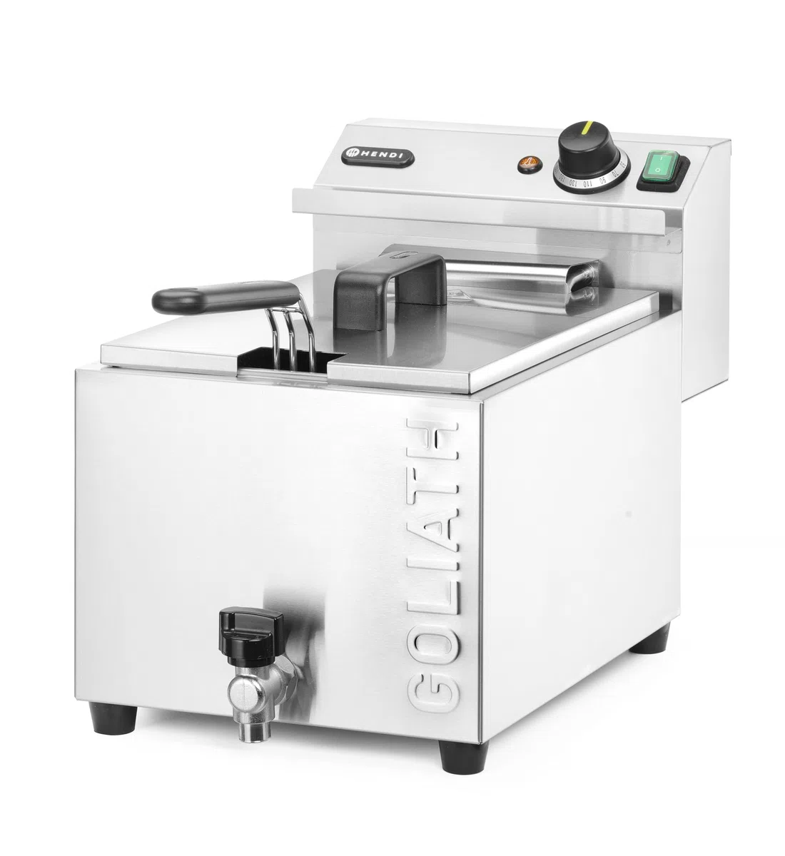 HENDI Fritteuse XL, GOLIATH, mit Ablasshahn, mit Frittierkorb und Deckel, Temperaturbereich: 50° bis 190°C, Kaltzone, extra Leistung, Frittierbehälter, 10L, 400V/10,2kW, 300x585x(H)392mm, Edelstahl