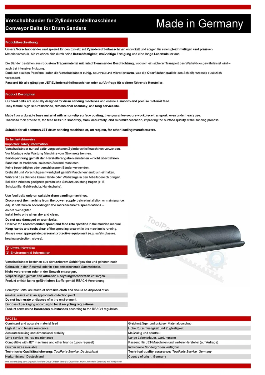JET Vorschubband 60-0316-P – passend für JET 16-32 Plus Zylinderschleifmaschine – K100 – Made in Germany