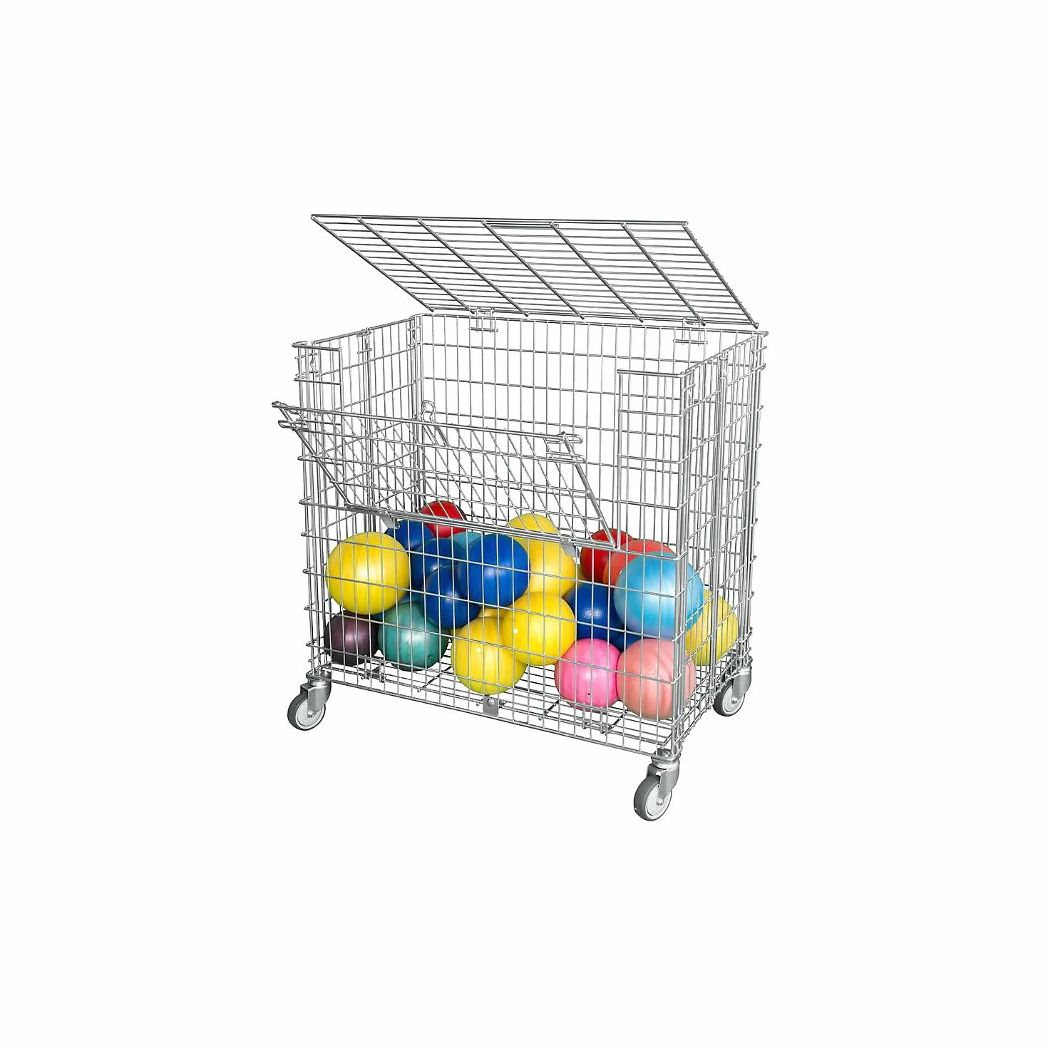 Gitterwagen abschließbar | 150KG Tragkraft | 2 Ladeklappen 4 Lenkrollen | Vielseitig einsetzbar als Ballwagen, Gitterbox für Sportgeräte und Bälle | robuster Lagerwagen 585x950x870mm