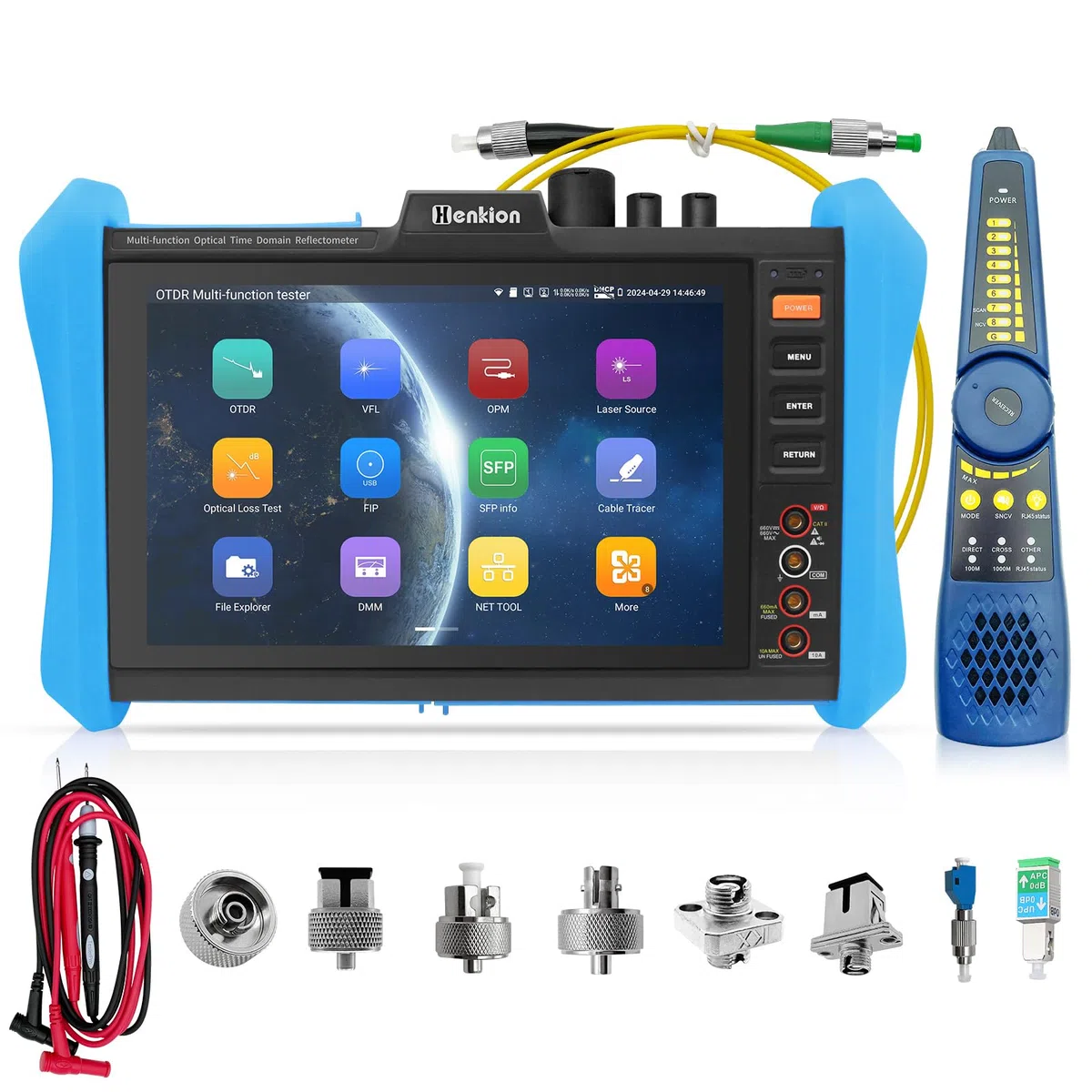 Henkion OTDR-Glasfasermessgerät 8 Zoll IPS-Touchscreen, 1610 nm 28 dB Live Testing, Multifunktionaler Netzwerktester mit Event Map, LS, OPM, VFL, OLS, Digitalmultimeter, SFP, WLAN und RJ45 Kabeltest